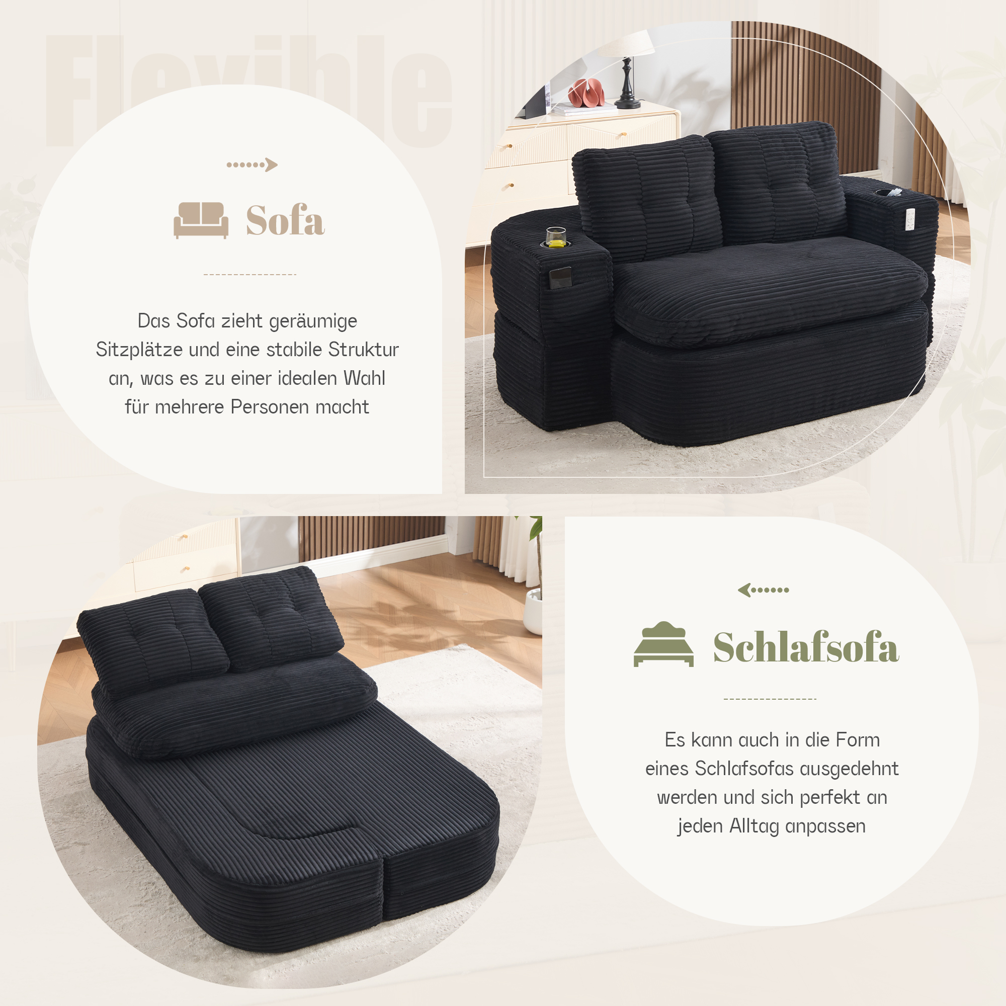 Fauteuil de relaxation 2 place en velours côtelé Noir 🪑 - points forts 1