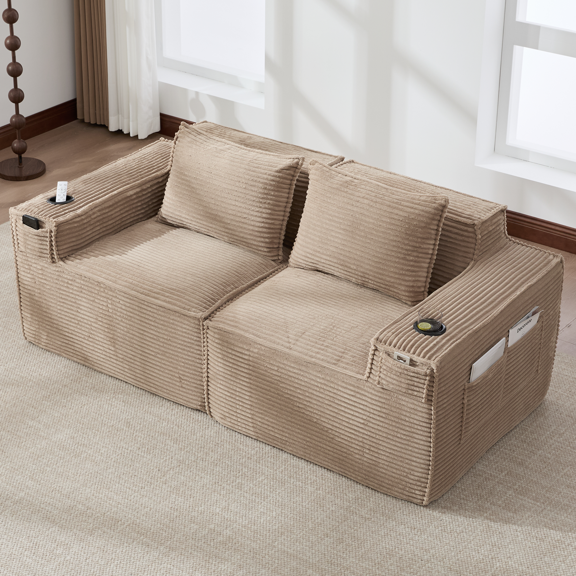 Modulares 2-Sitzer-Cordsofa mit Getränkehaltern un
