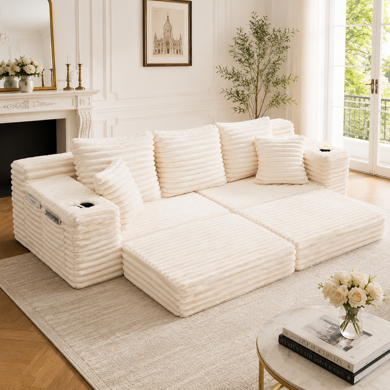 Canapé compressible beige en corduroy avec coussins latéraux - vue 1