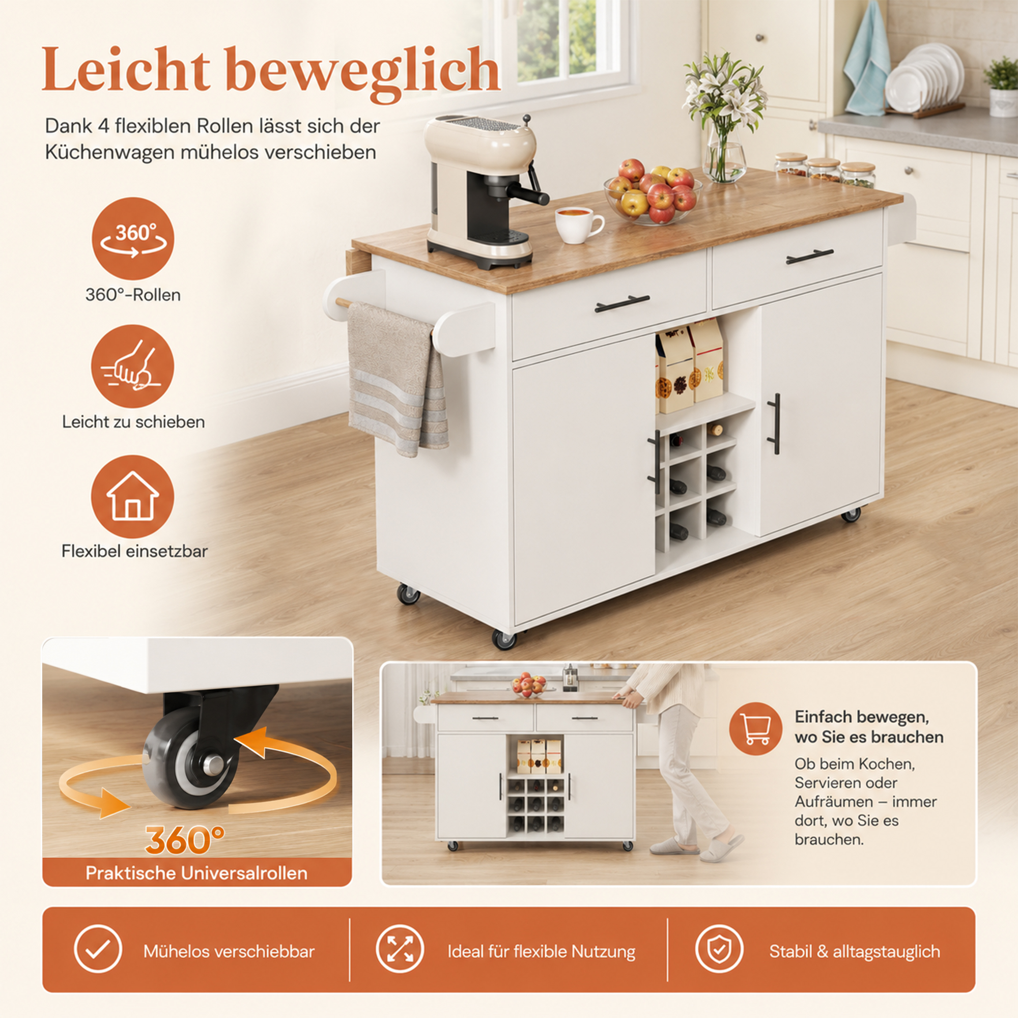 Chariot de cuisine mobile avec roulettes pivotantes