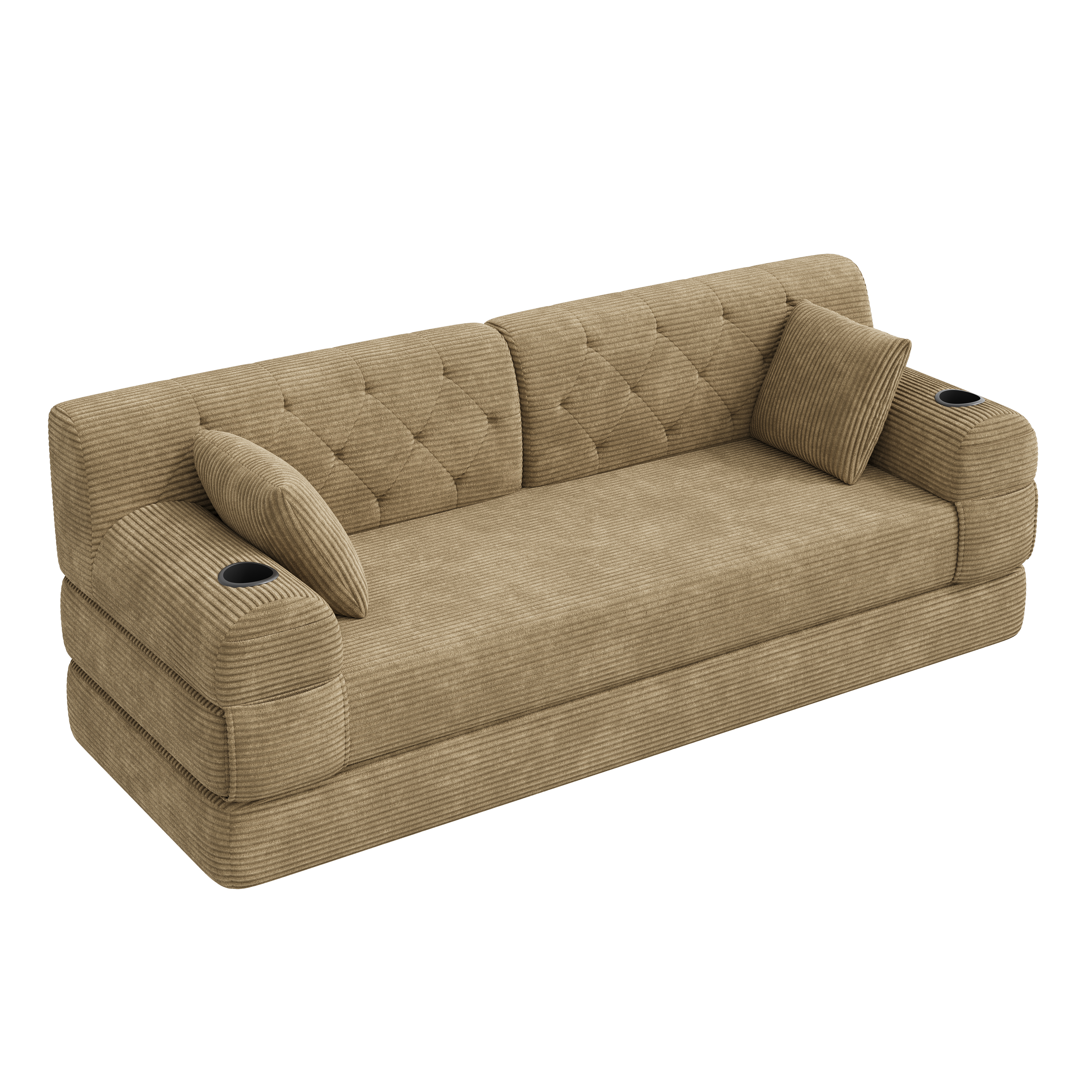 Canapé convertible 3 places 208x80x81 cm avec rangements, porte-gobelets en velours côtelé khaki - spécifications 1