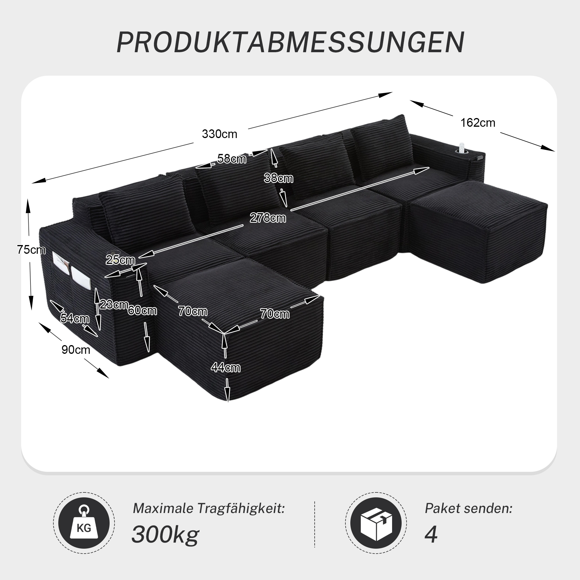 Canapé 4 places 330x162x75 cm avec rangements, poufs, porte-gobelets en velours côtelé noir - points forts 1