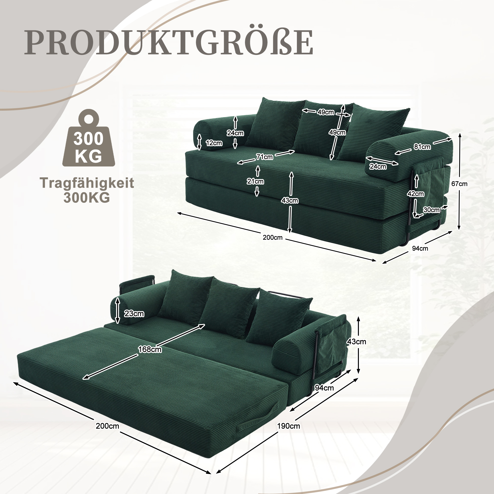 Canapé compressible émeraude en corduroy avec 3 coussins et métal - vue 2