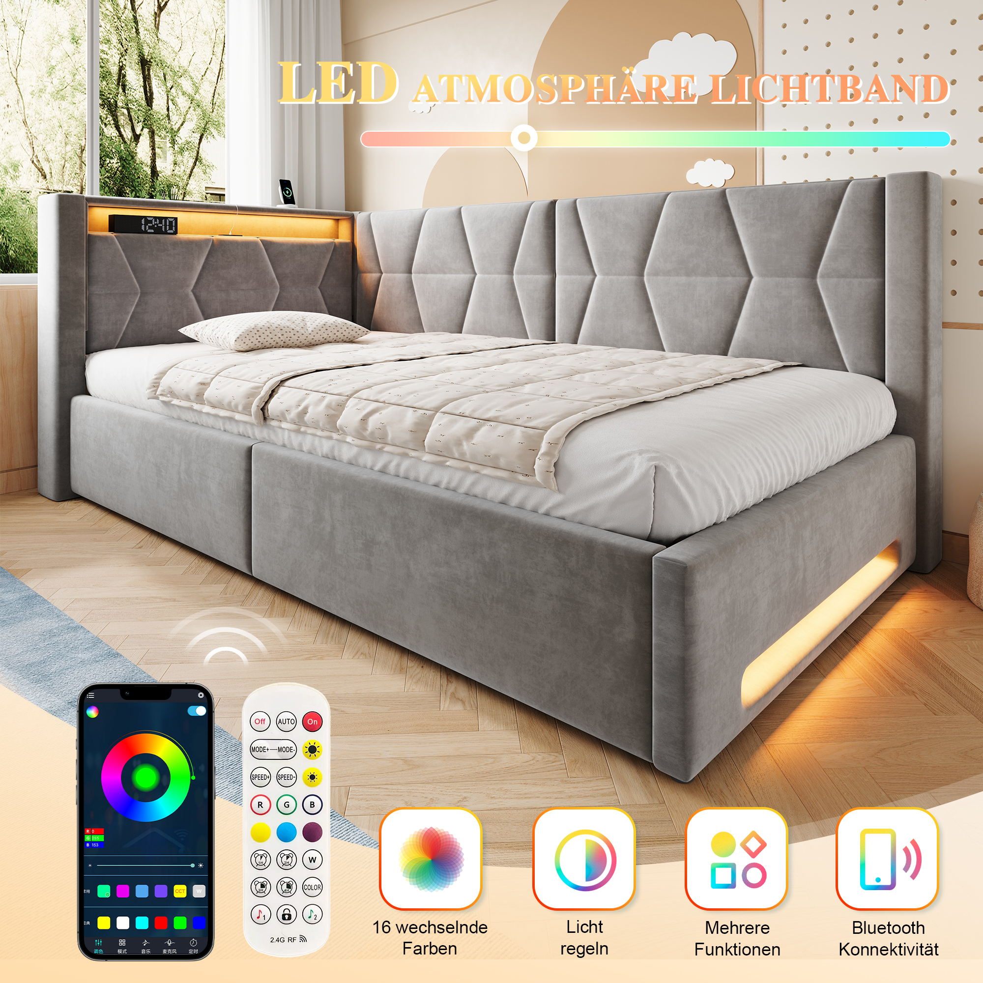 Lit rembourré avec bandes lumineuses LED