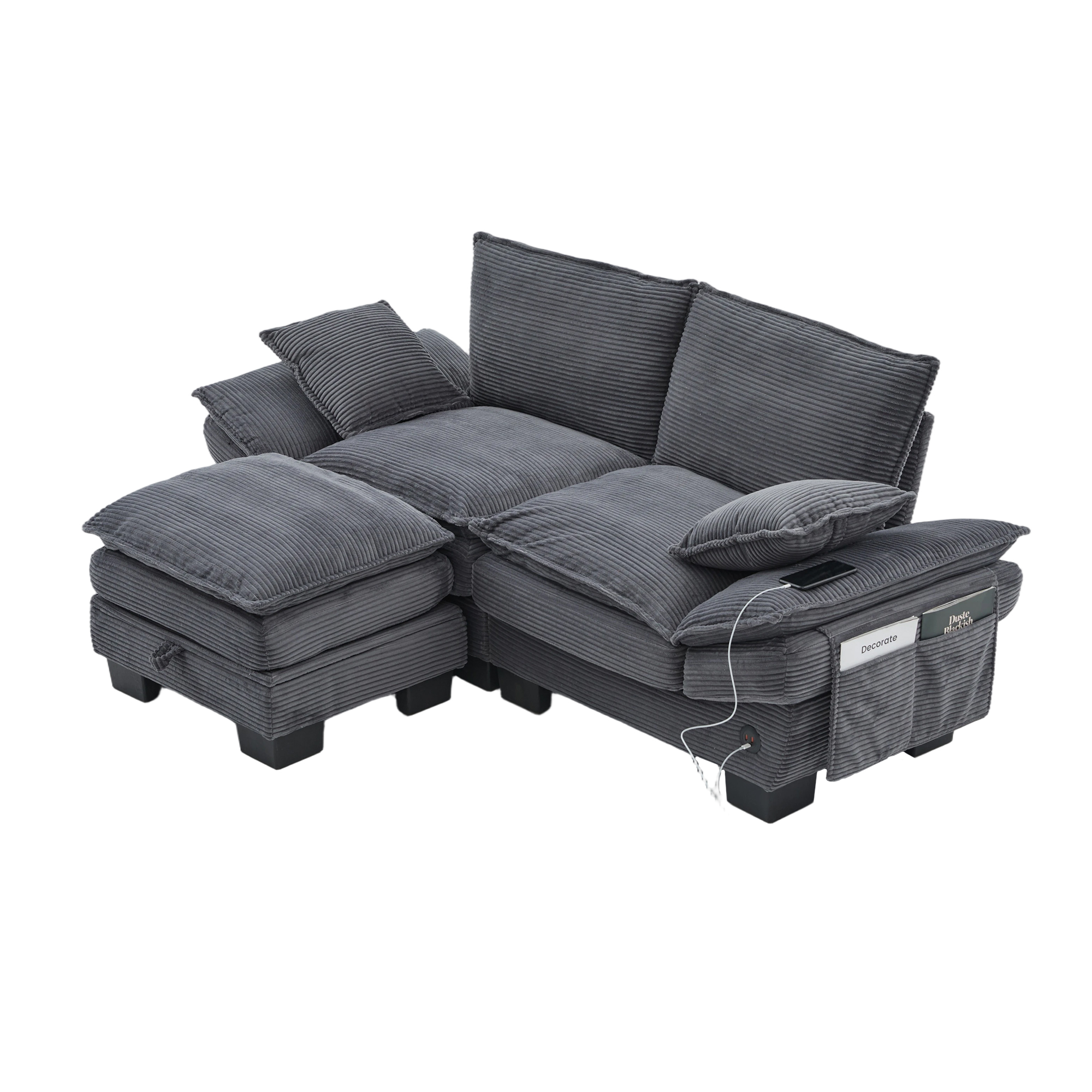 Canapé modulable 2 places 190 x 132 x 84 cm, avec coffre sous l’assise, pouf, ports USB/USB-C et prise électrique, Velours côtelé, gris foncé - vue complémentaire 1