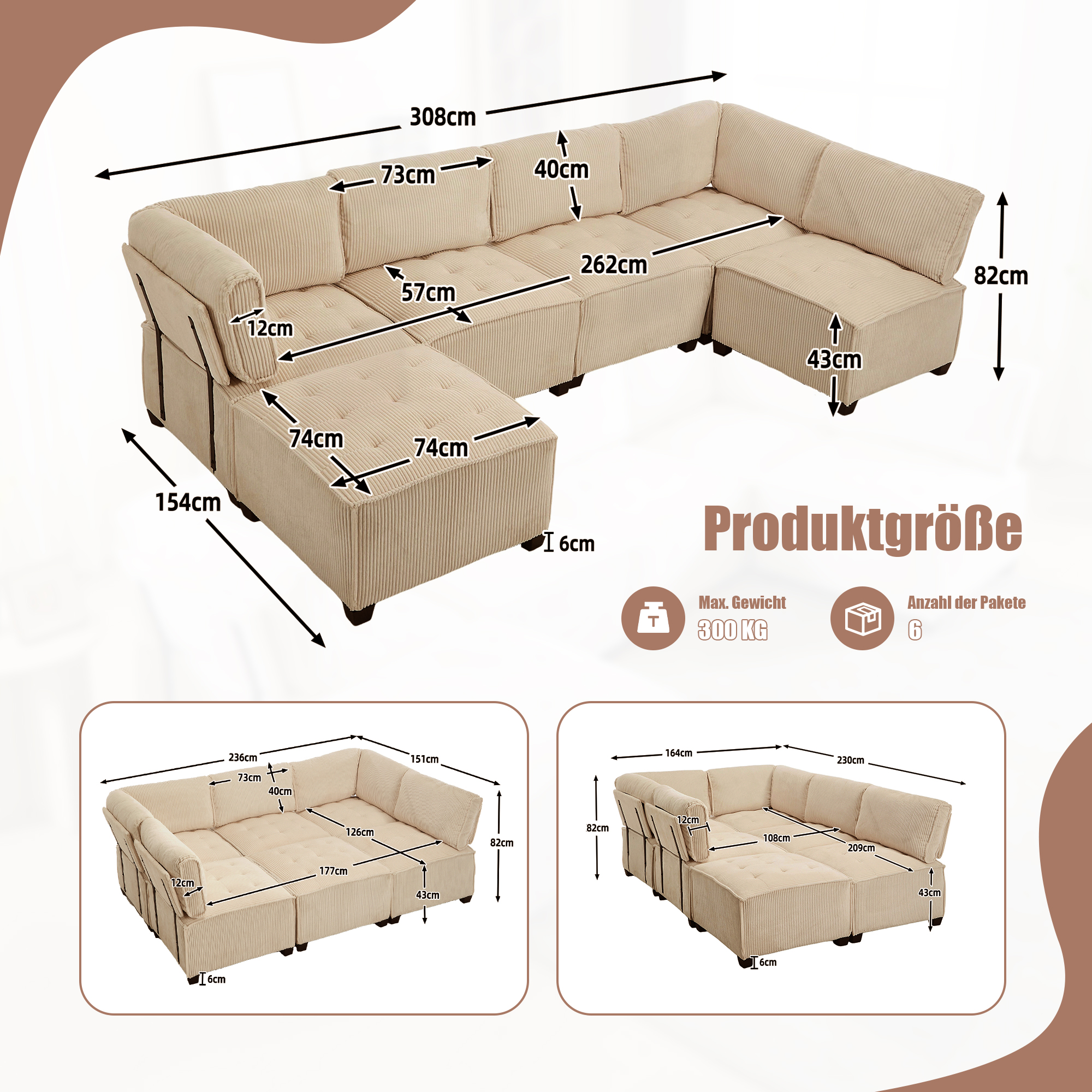 Modulares 6-Sitzer-Sofa, Cordstoff, ergonomisch, S