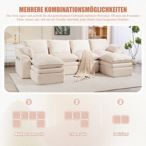 Canapé modulable 4 places avec 2 poufs velours côtelé beige - vue d'ensemble