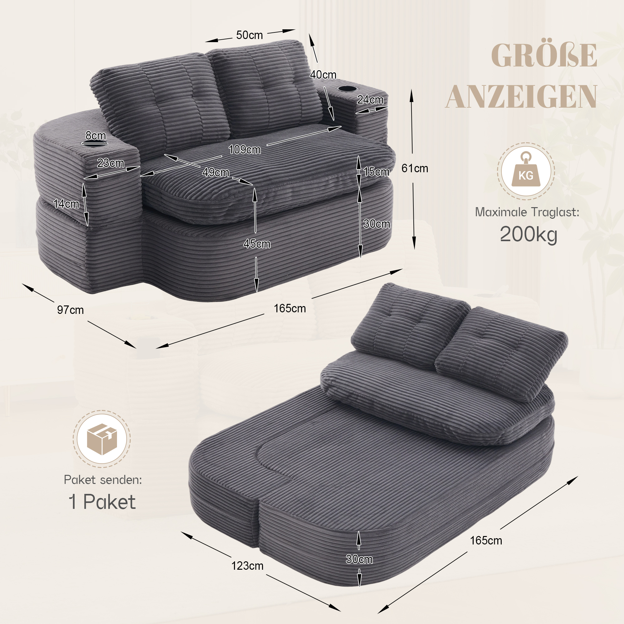 Fauteuil-lit 2-en-1 en corduroy gris foncé avec repose-bras réglable - vue 2
