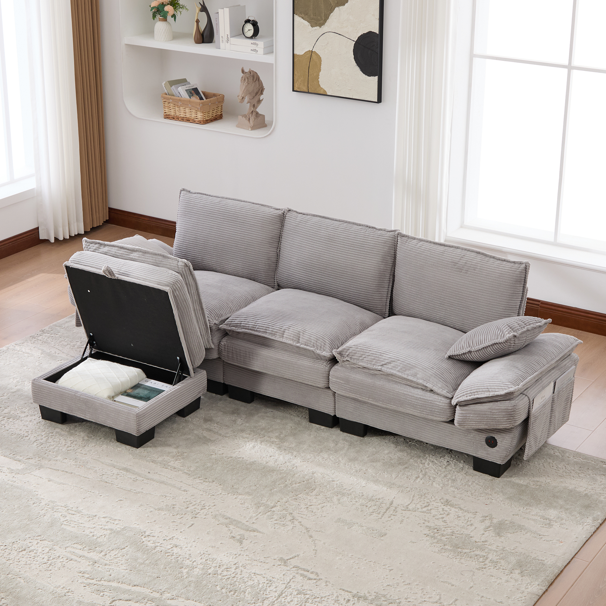 Canapé modulable 3 places 260 x 132 x 84 cm, avec coffre sous l’assise, pouf, ports USB/USB-C et prise électrique, Velours côtelé, gris clair - vue principale 1