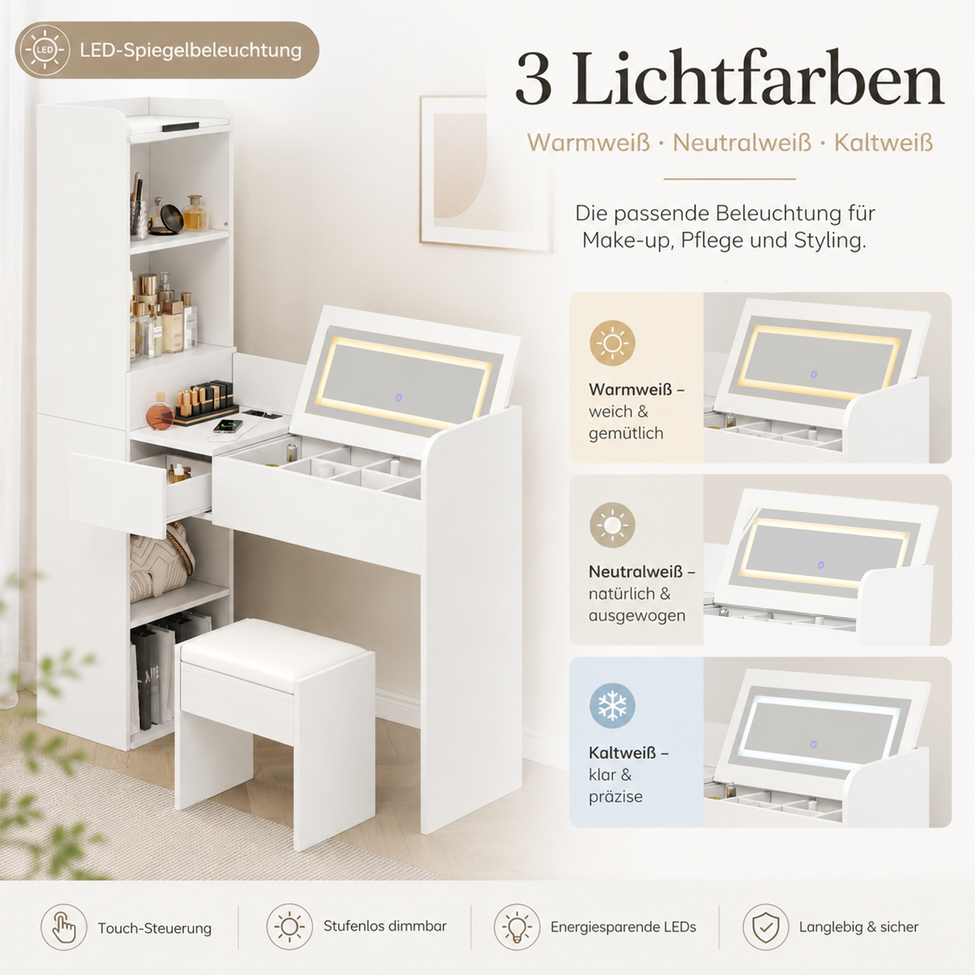 Coiffeuse avec miroir LED lumineux et pliable