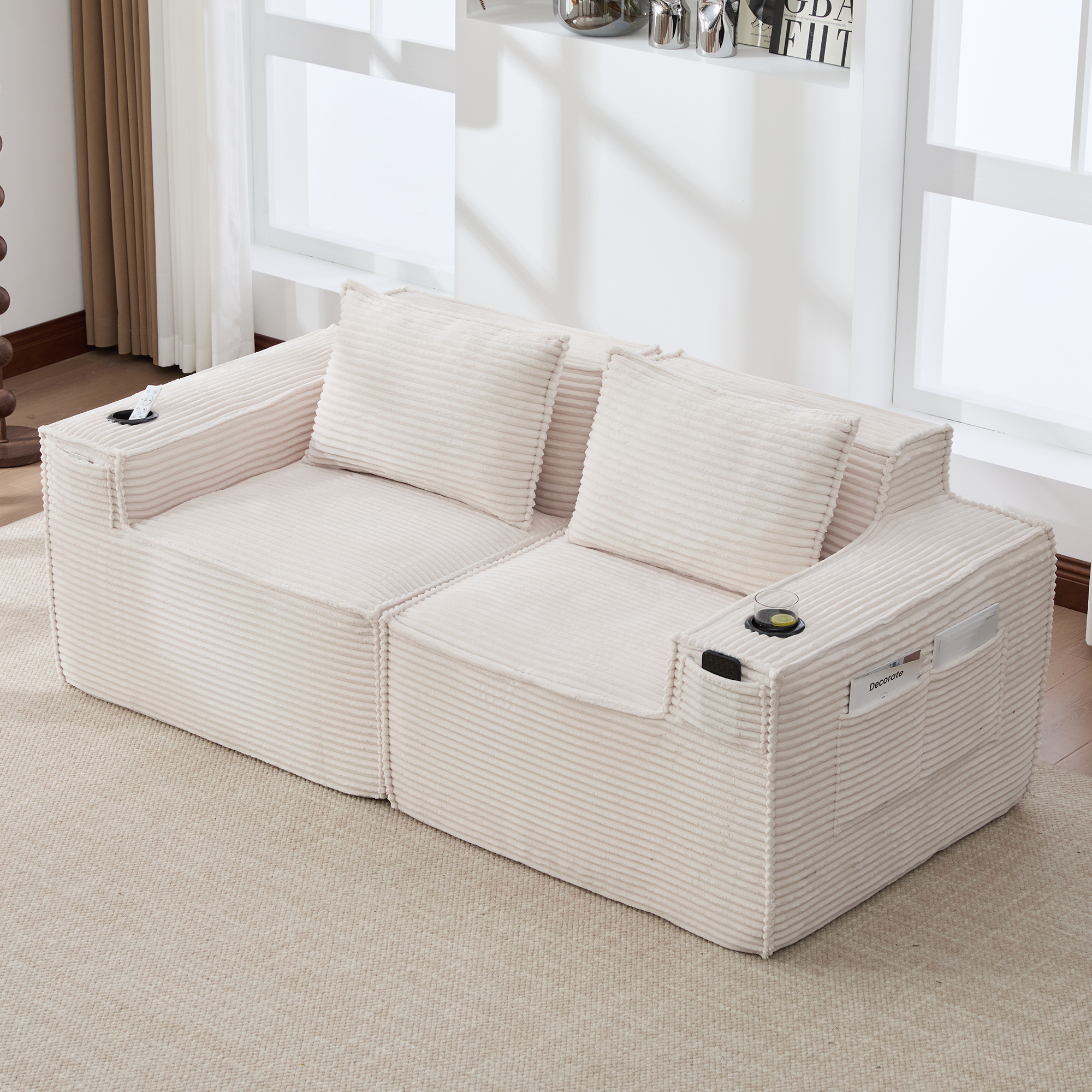 Modulares 2-Sitzer-Cordsofa mit Getränkehaltern un
