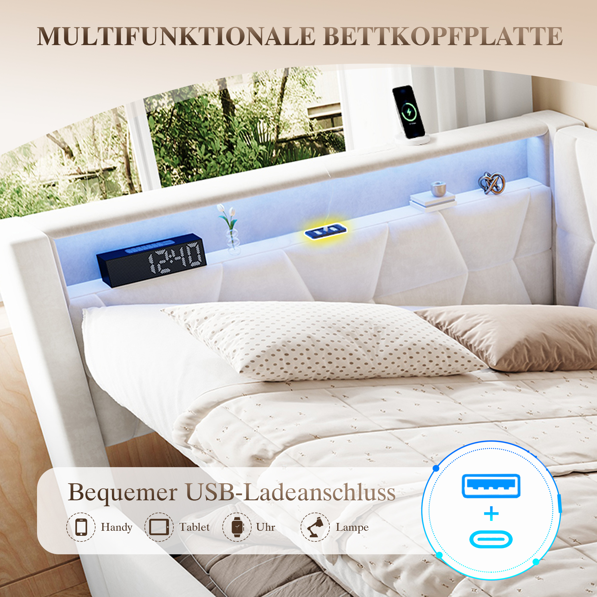 Ports USB et Type-C intégrés au lit capitonné