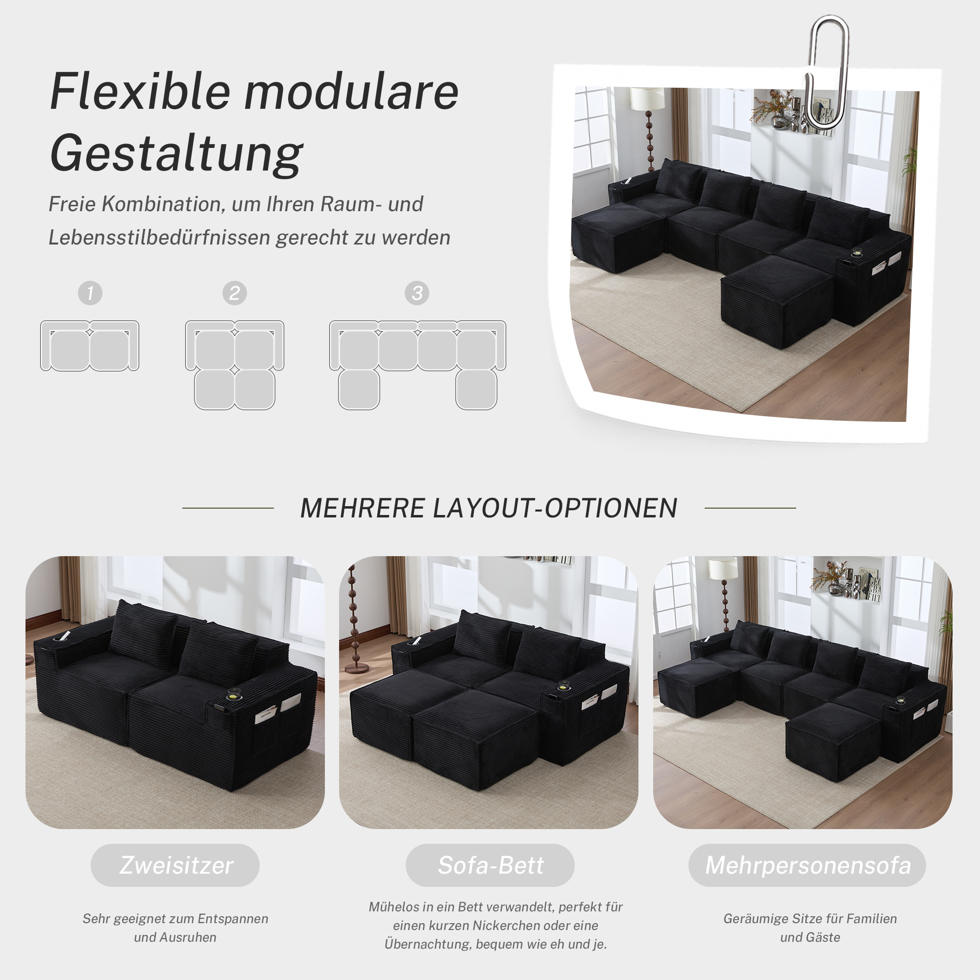 Canapé 4 places 330x162x75 cm avec rangements, poufs, porte-gobelets en velours côtelé noir - présentation 1