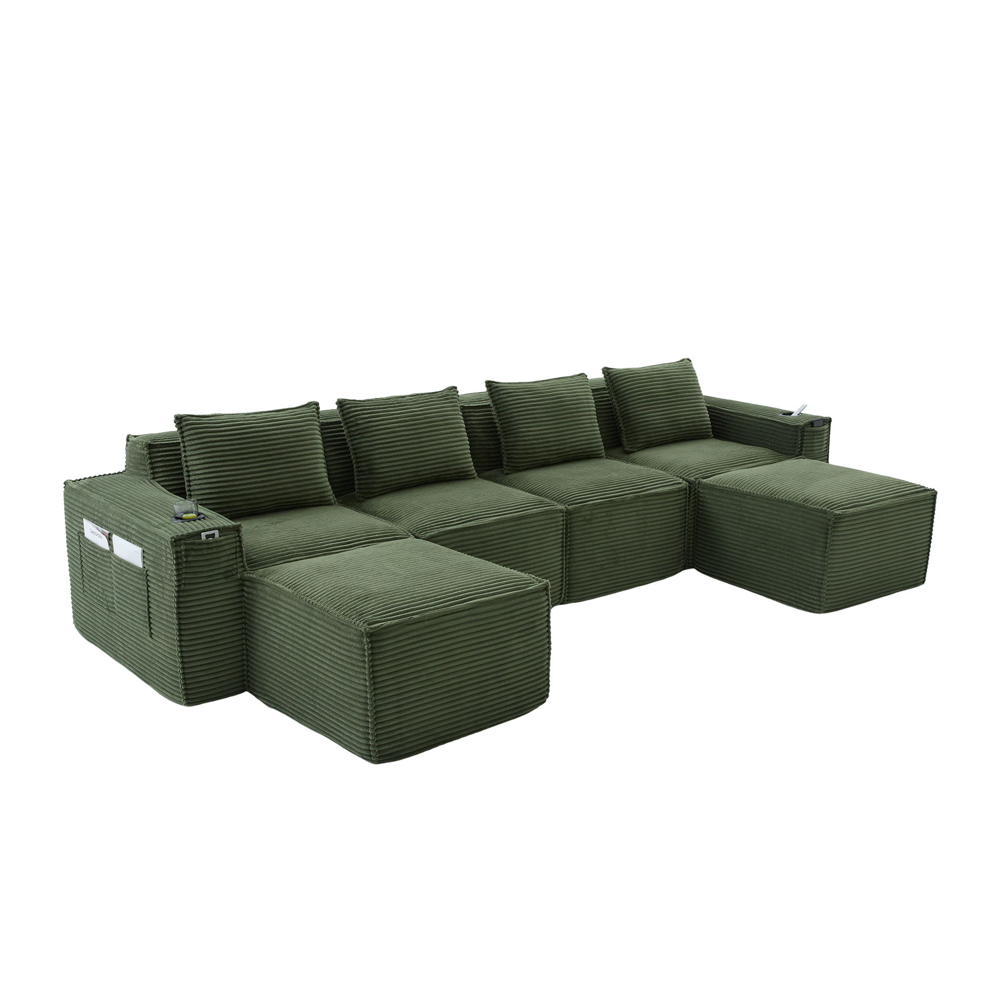 Canapé 4 places 330x162x75 cm avec rangements, poufs, porte-gobelets en velours côtelé vert - spécifications 1