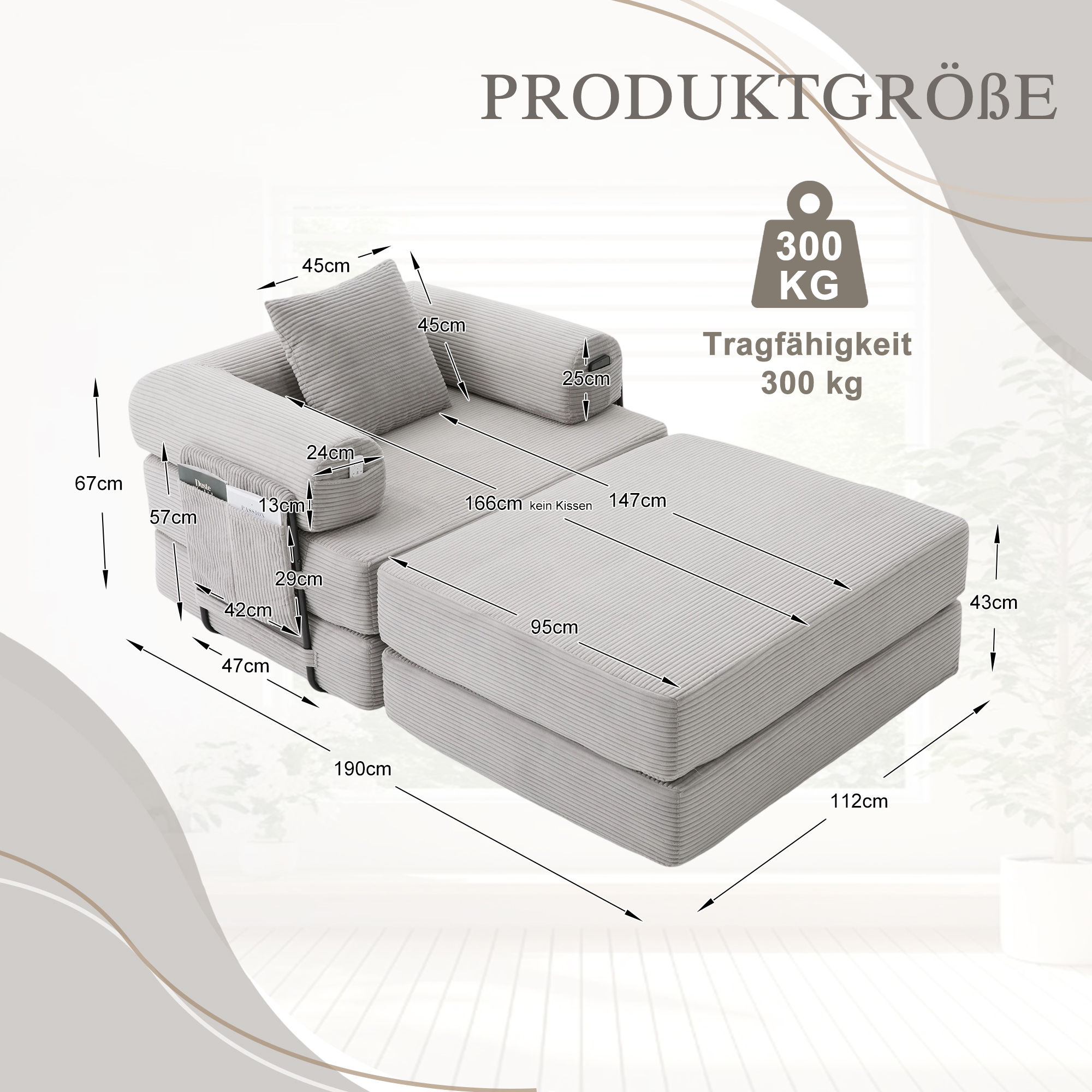 Fauteuil compressible gris clair en corduroy avec pouf et métal - vue 2