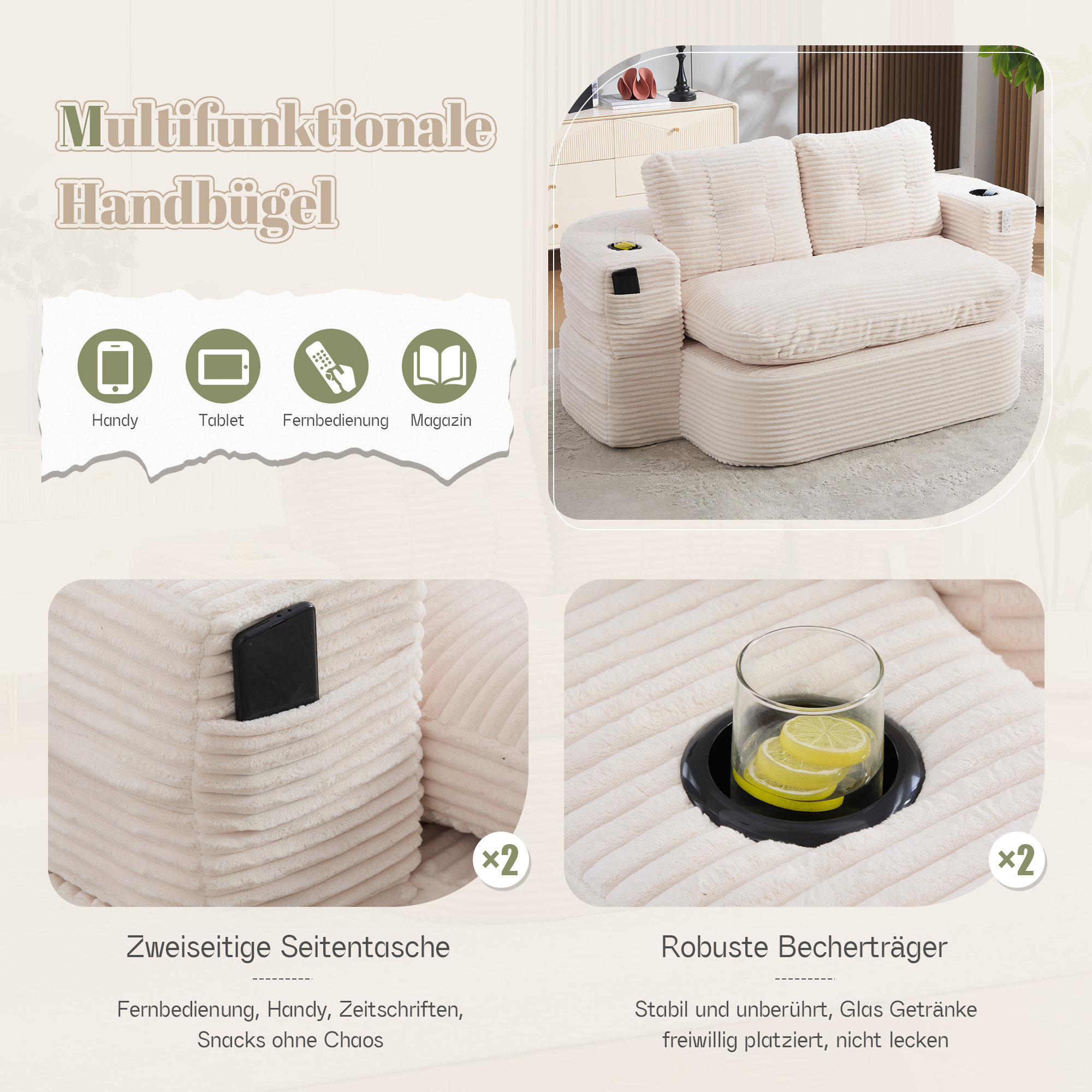 Fauteuil de relaxation 2 place en velours côtelé Beige 🪑 - spécifications 1