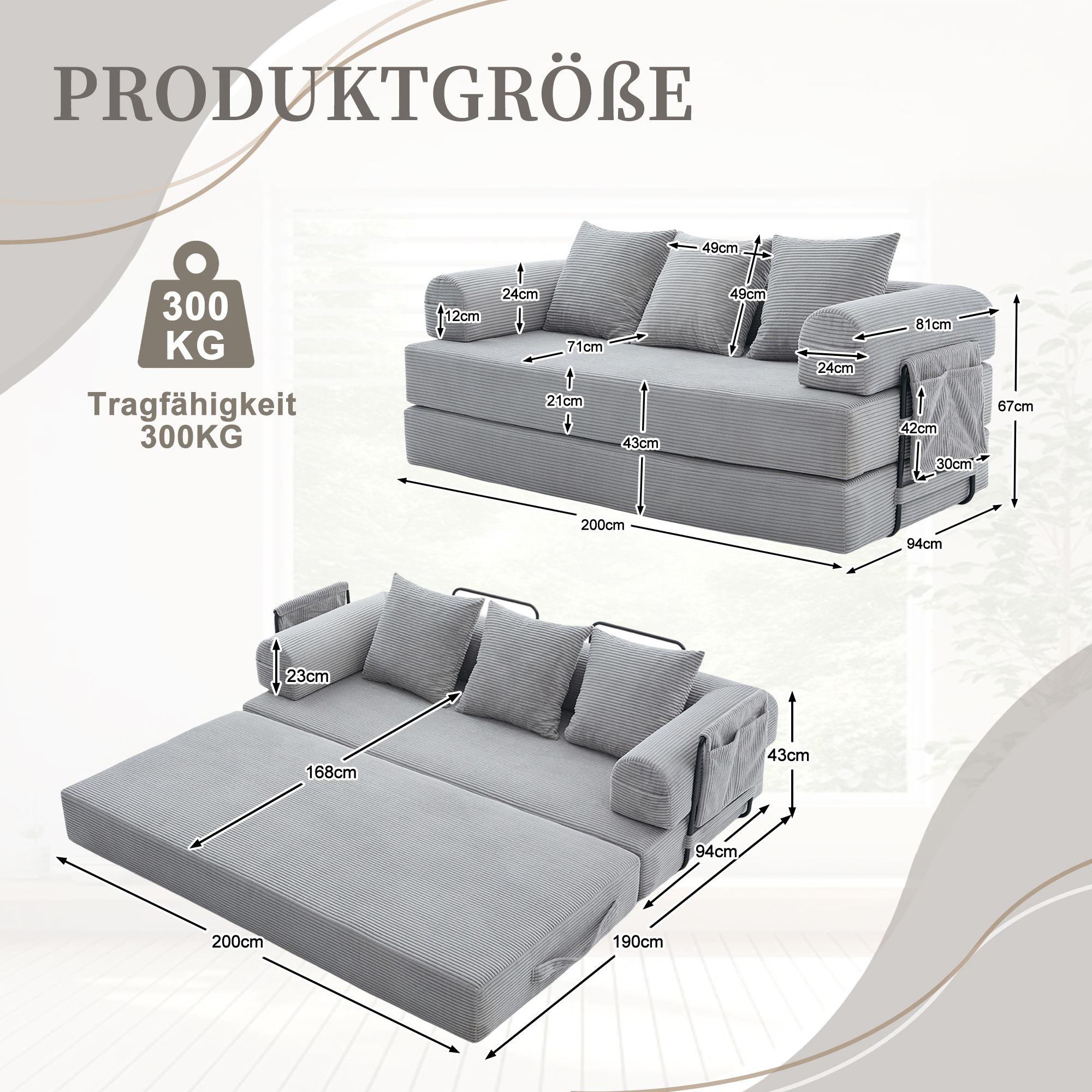 Canapé compressible gris clair en corduroy avec 3 coussins - vue 2