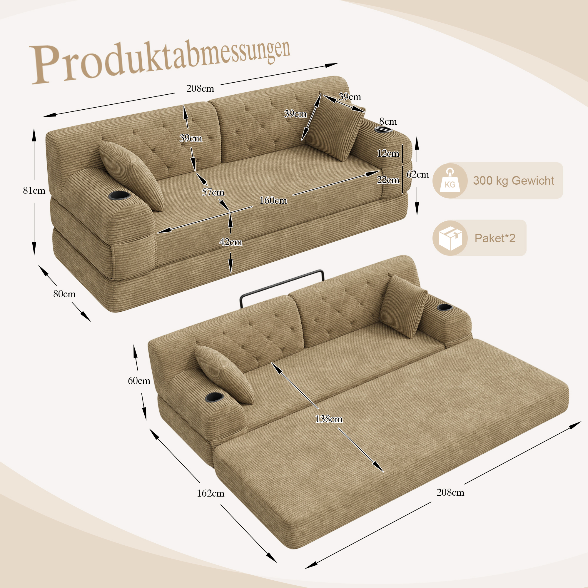 Canapé convertible 3 places 208x80x81 cm avec rangements, porte-gobelets en velours côtelé khaki - points forts 1