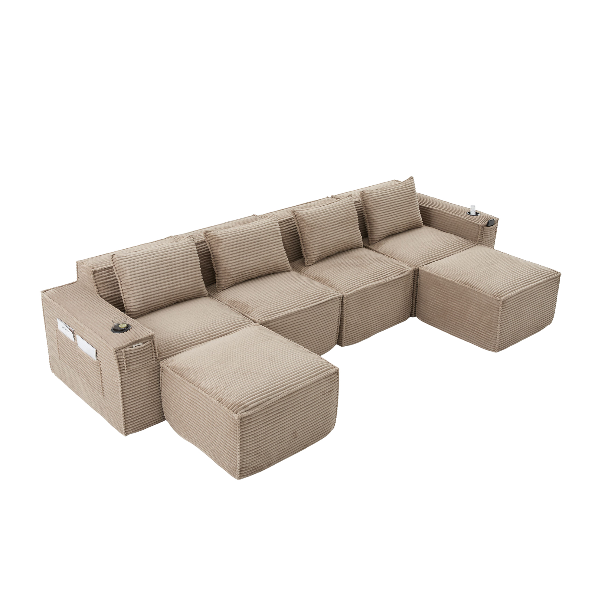 Canapé 4 places 330x162x75 cm avec rangements, poufs, porte-gobelets en velours côtelé khaki - spécifications 1