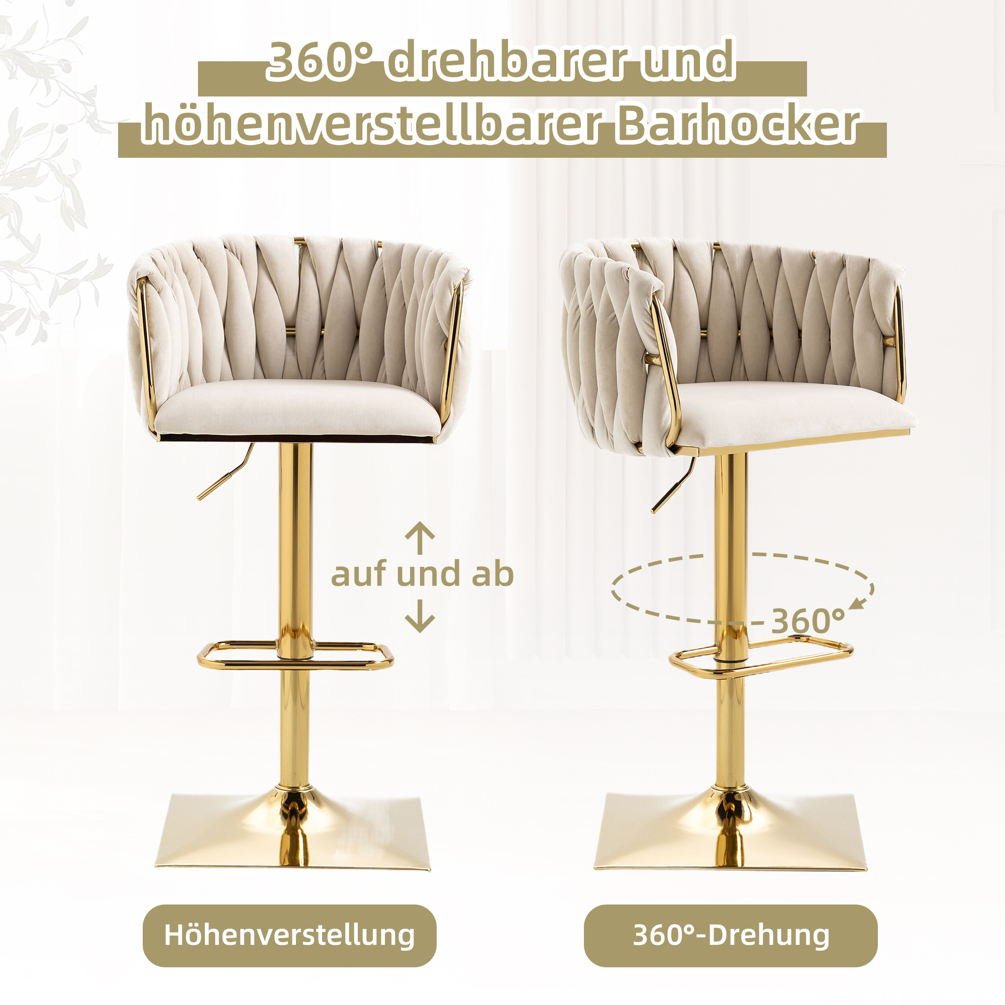 Tabouret de bar, lot de 2, 53 x 51 x 87 cm, velours, Ivory - vue 3
