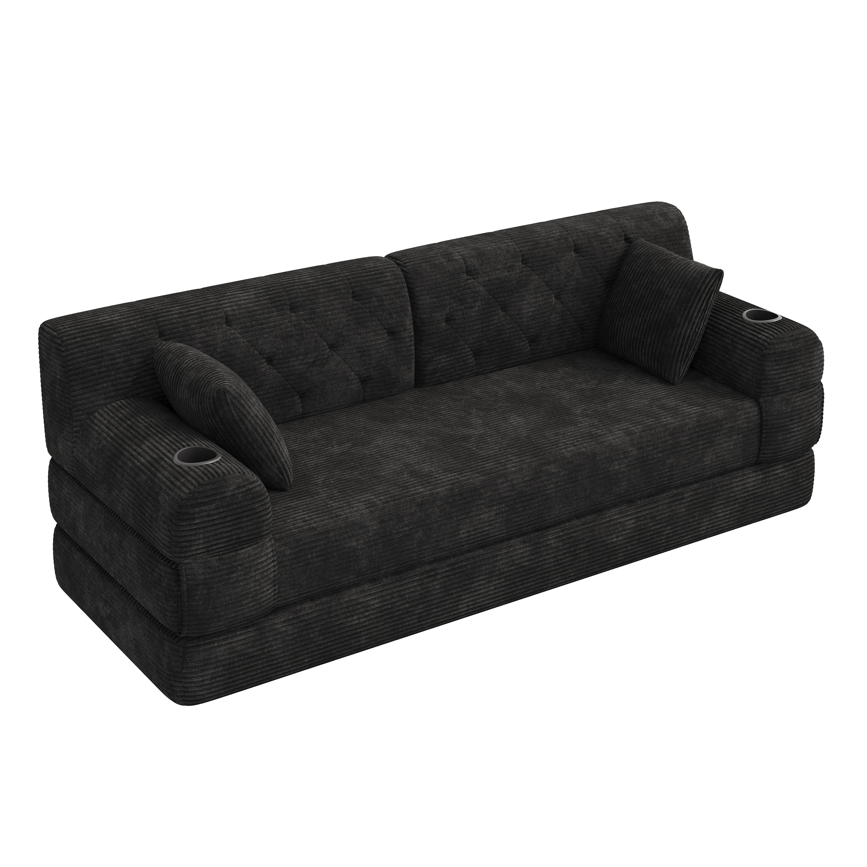 Canapé convertible 3 places 208x80x81 cm avec rangements, porte-gobelets en velours côtelé noir - spécifications 1