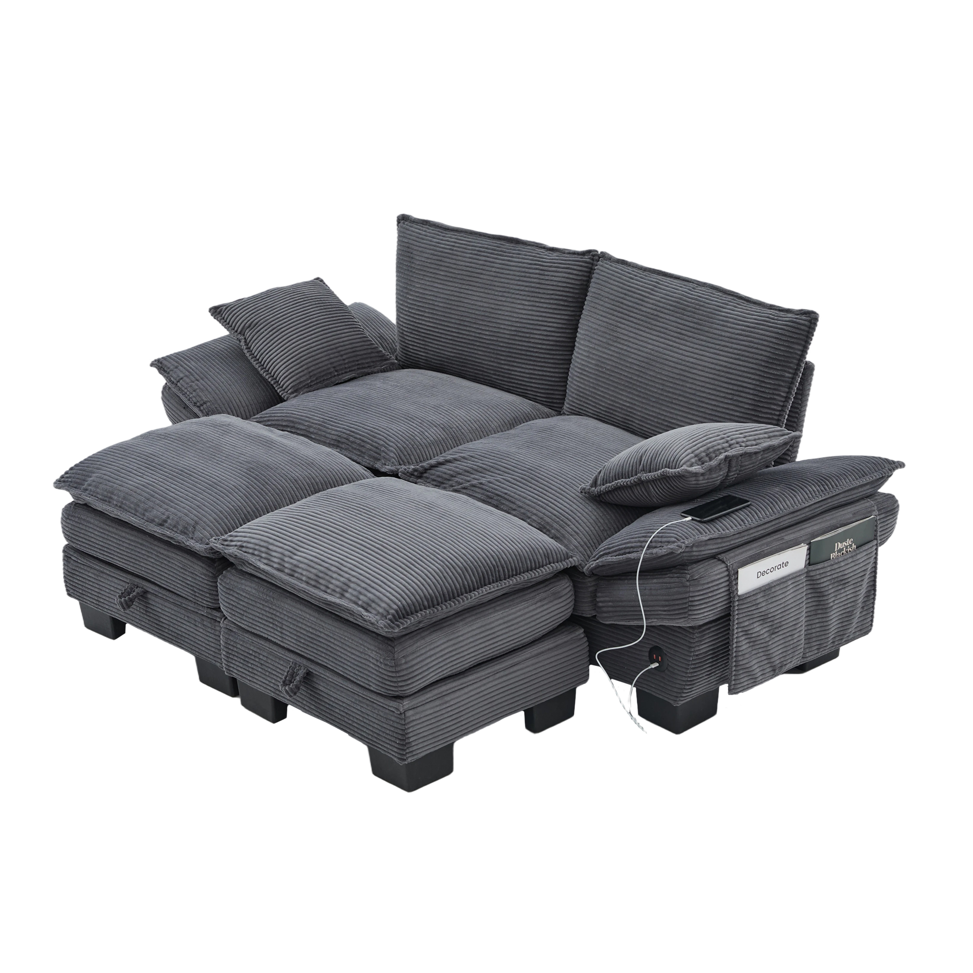 Canapé modulable 2 places 190 x 132 x 84 cm, avec coffre sous l’assise, pouf, ports USB/USB-C et prise électrique, Velours côtelé, gris foncé - vue complémentaire 1