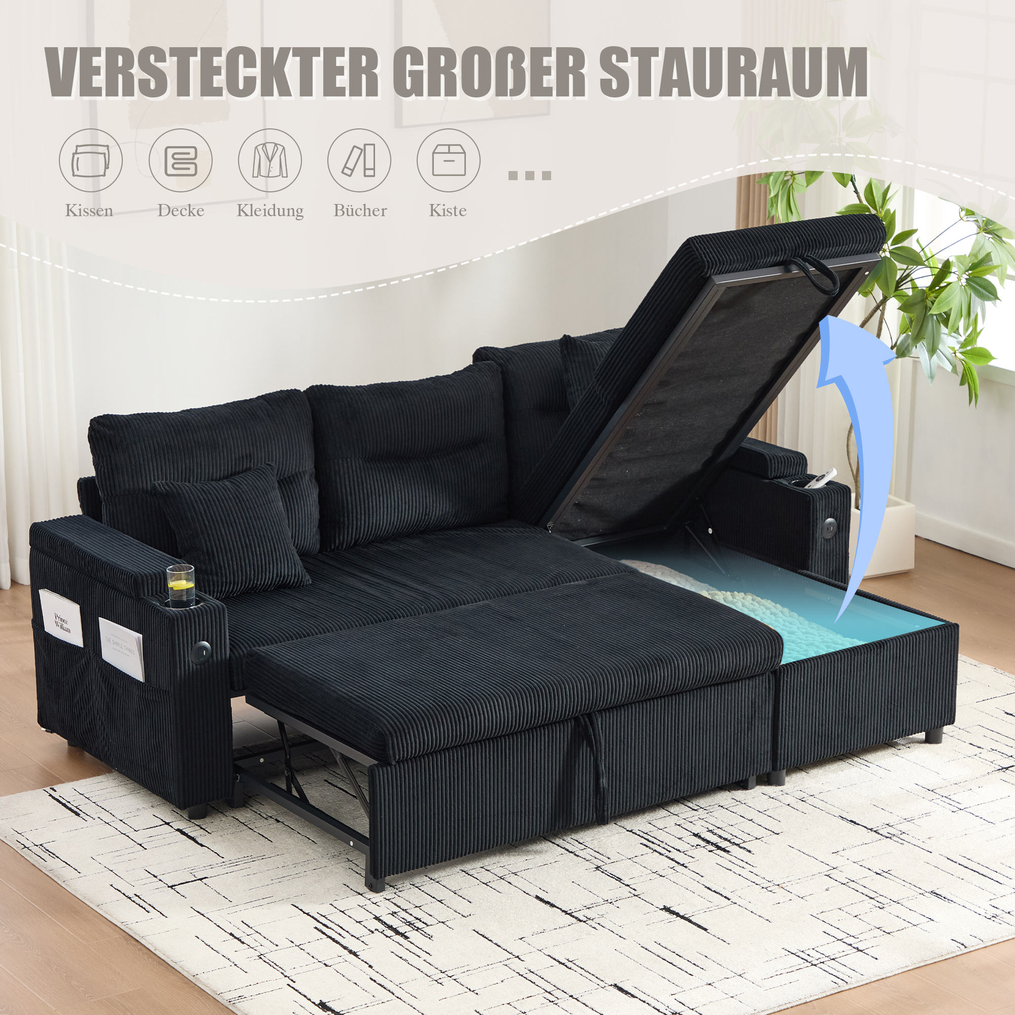 Chaise longue hydraulique canapé velours rangement