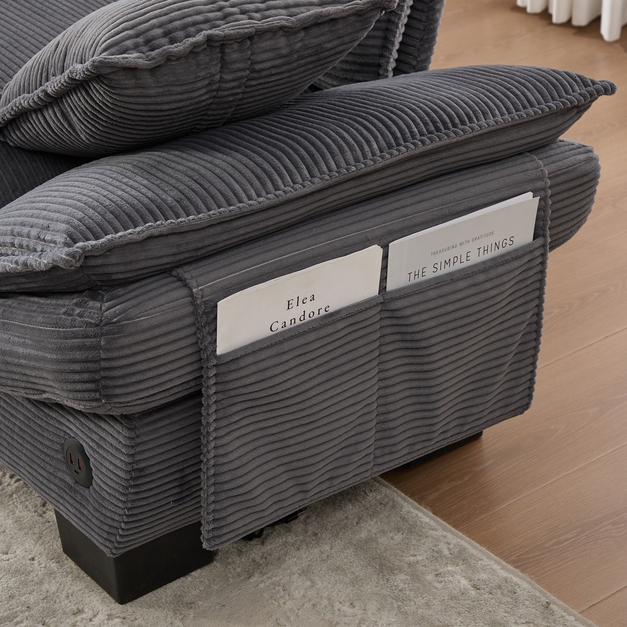 Canapé modulable 2 places 190 x 132 x 84 cm, avec coffre sous l’assise, pouf, ports USB/USB-C et prise électrique, Velours côtelé, gris foncé - présentation 1
