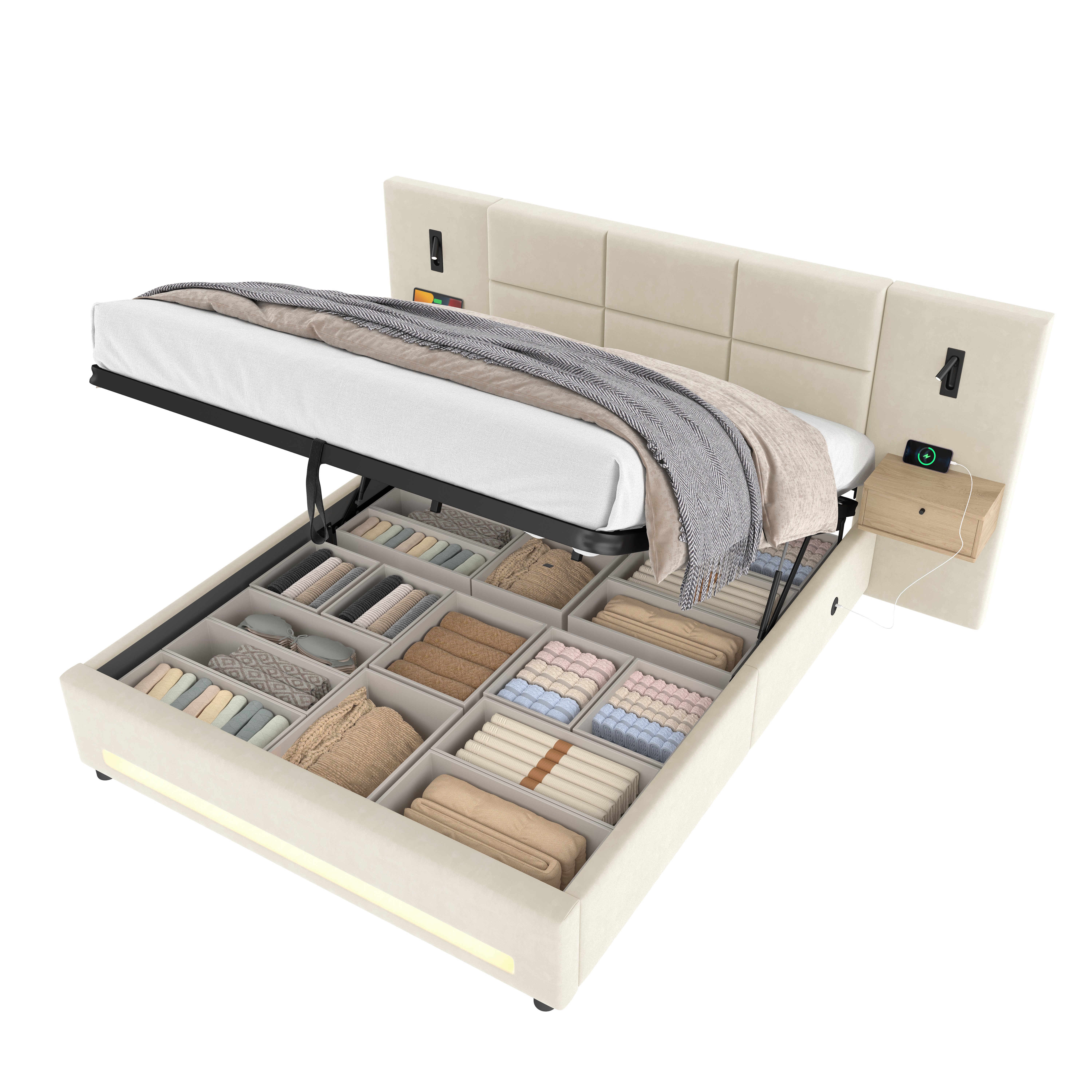Lit coffre rembourré 180 x 200 cm avec échelle, LED, ports de charge, rangement hydraulique, velours, Beige - fonctions