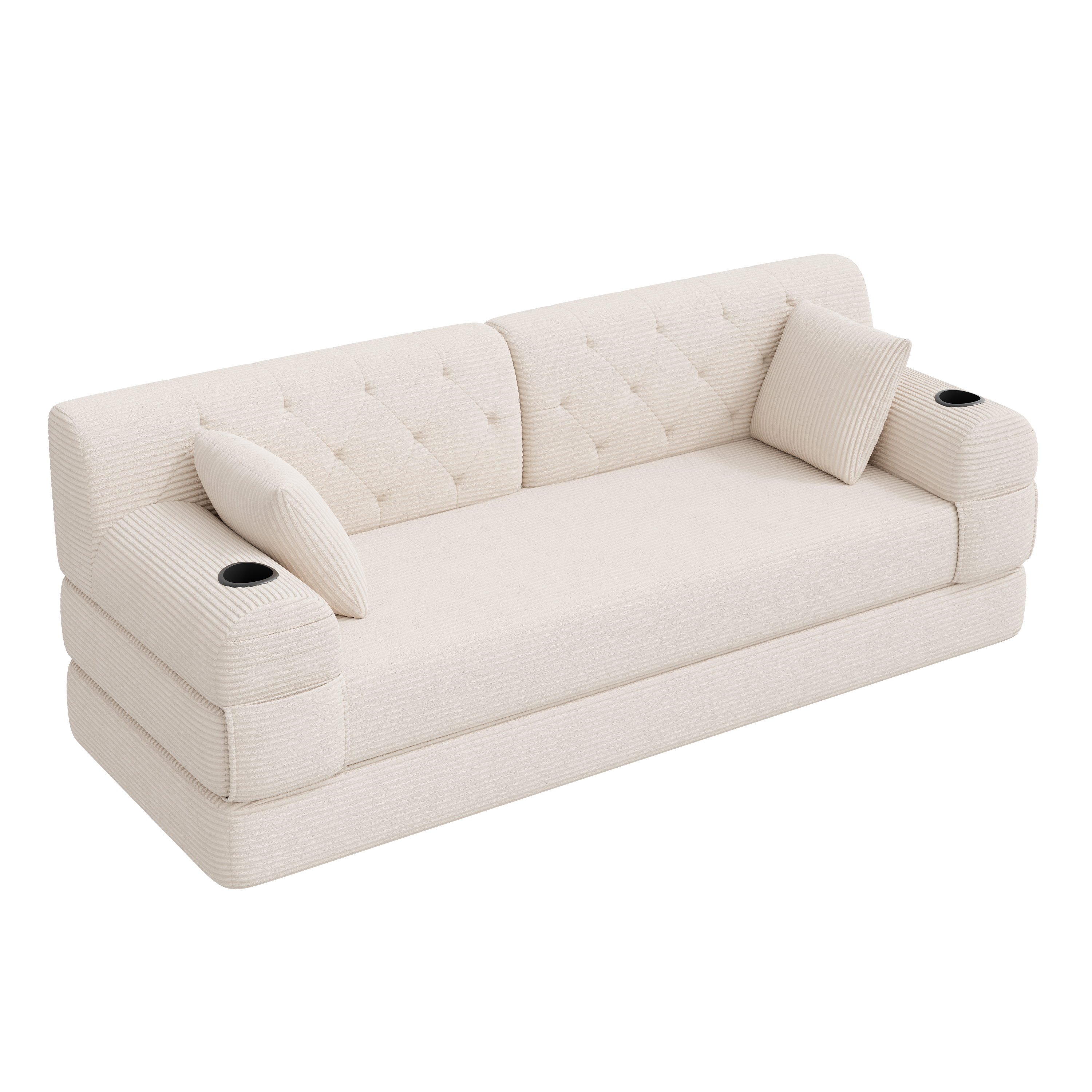 Canapé convertible 3 places 208x80x81 cm avec rangements, porte-gobelets en velours côtelé beige - spécifications 1