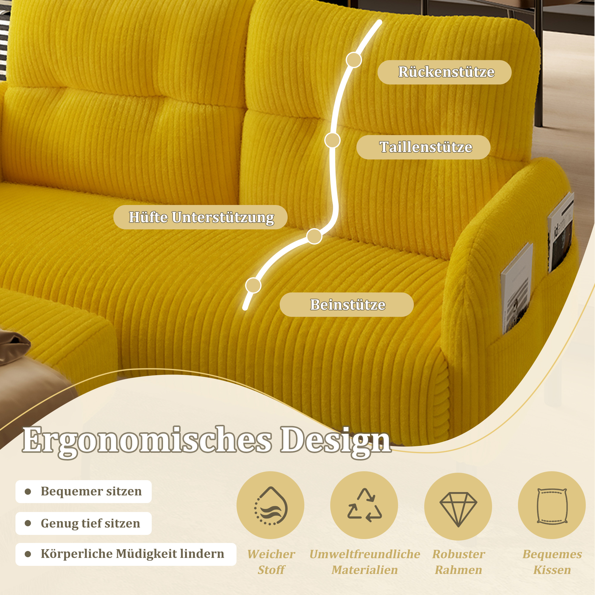 Cord 3er-Set Sessel + Hocker + 2-Sitzer Sofa mit S