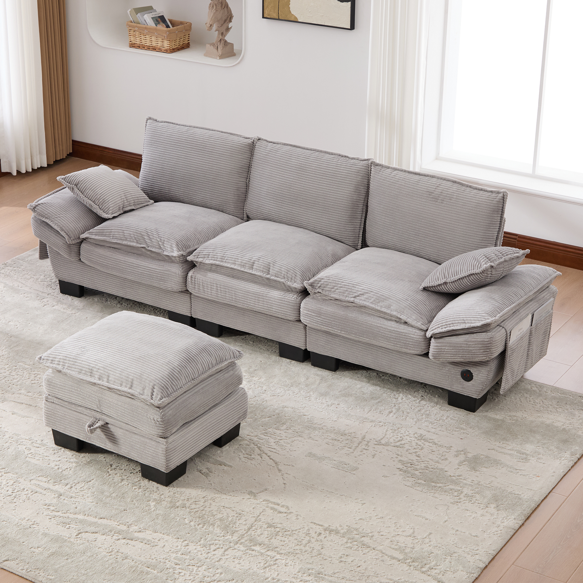 Canapé modulable 3 places 260 x 132 x 84 cm, avec coffre sous l’assise, pouf, ports USB/USB-C et prise électrique, Velours côtelé, gris clair - points forts 1