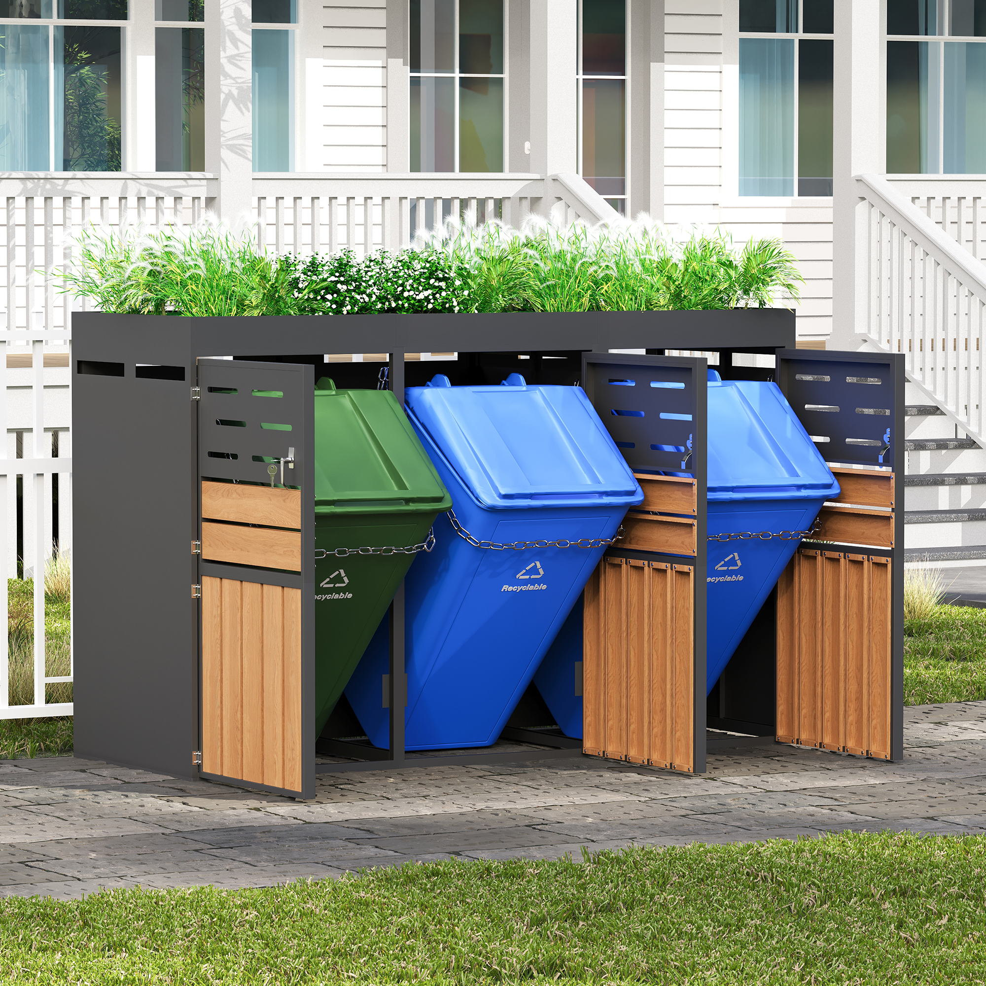 Armoire extérieure 2‑en‑1 bac à fleurs et cache‑poubelle vue générale