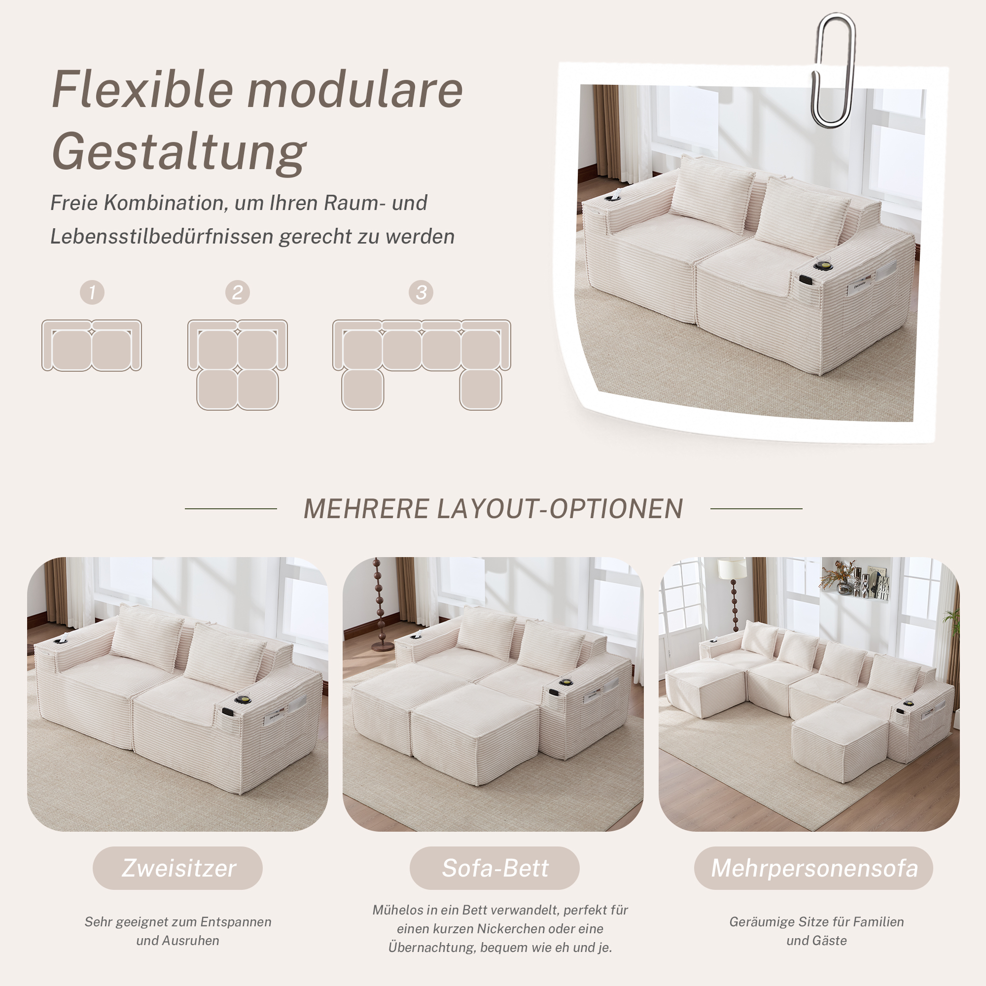 Modulares 2-Sitzer-Cordsofa mit Getränkehaltern un