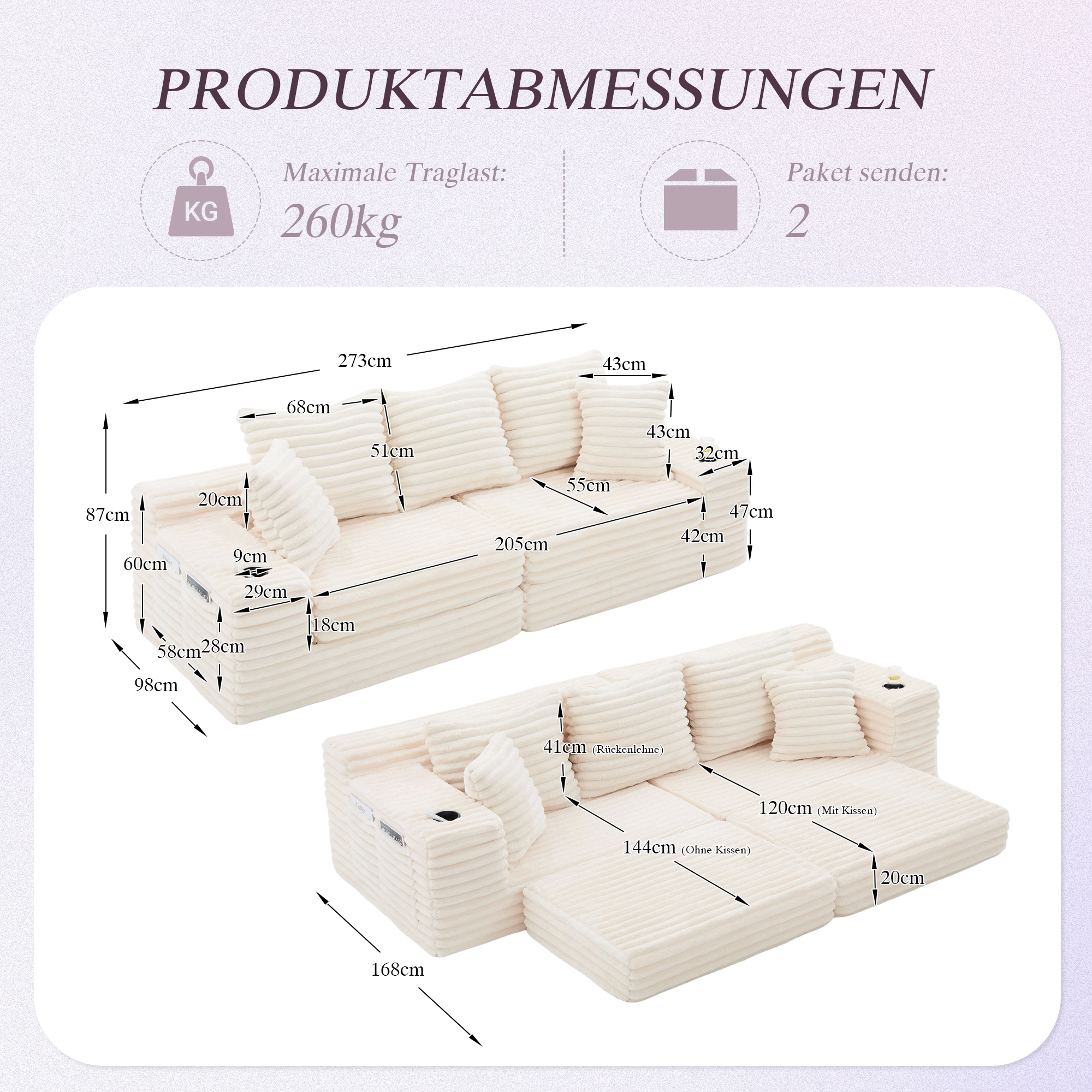 Canapé compressible beige en corduroy avec coussins latéraux - vue 2