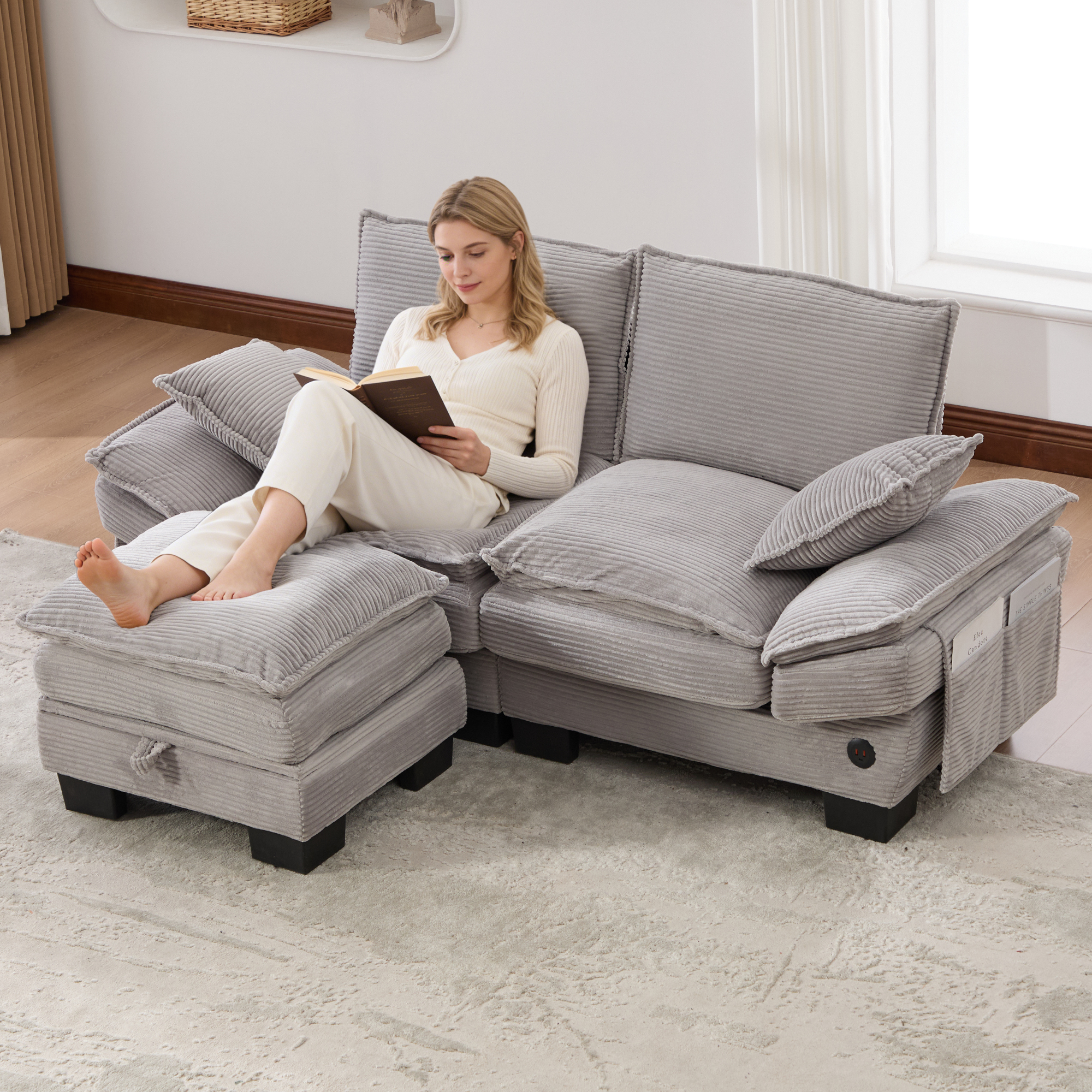 Canapé modulable 2 places 190 x 132 x 84 cm, avec coffre sous l’assise, pouf, ports USB/USB-C et prise électrique, Velours côtelé, gris clair - points forts 1
