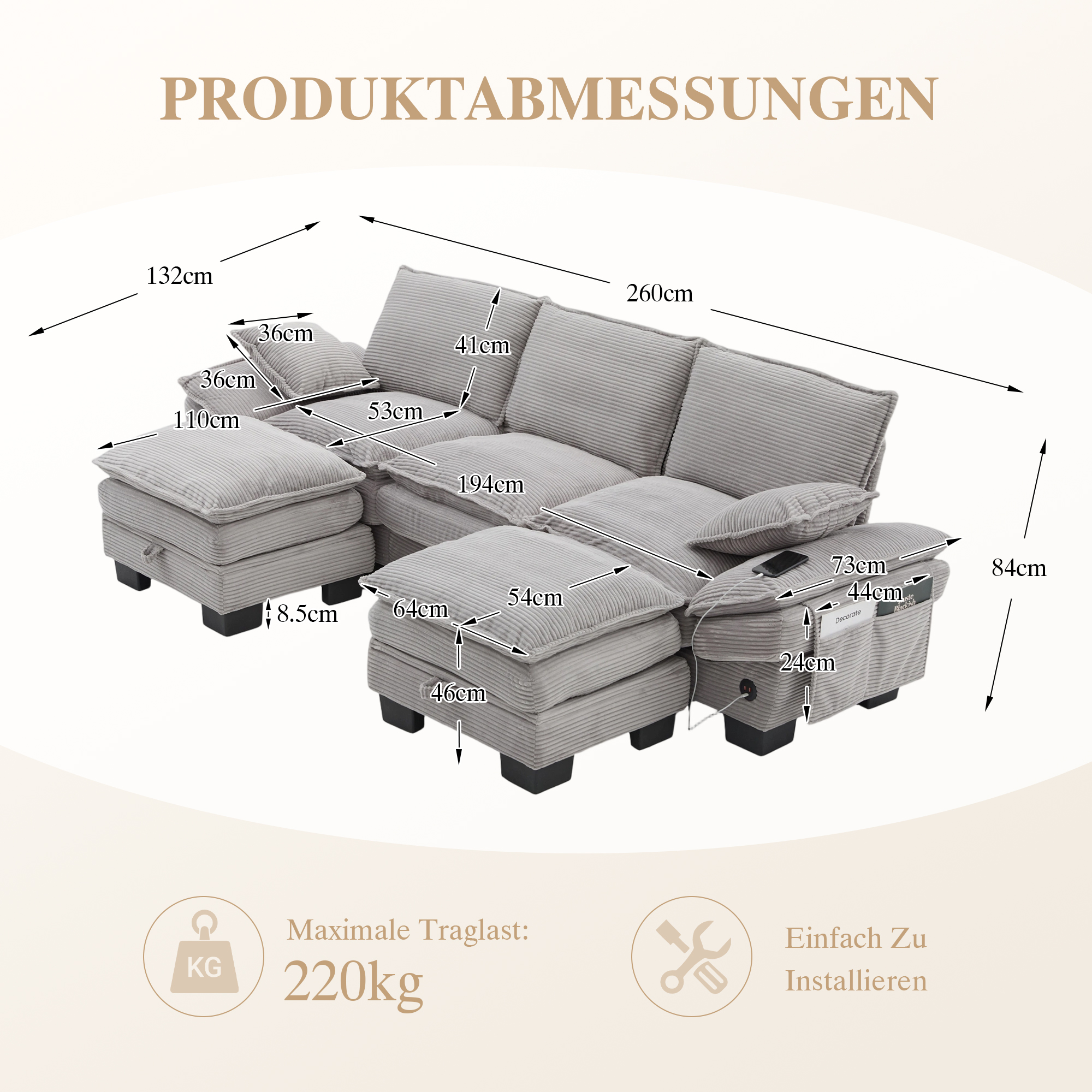 Canapé modulable 3 places 260 x 132 x 84 cm, avec coffre sous l’assise, pouf, ports USB/USB-C et prise électrique, Velours côtelé, gris clair - spécifications 1