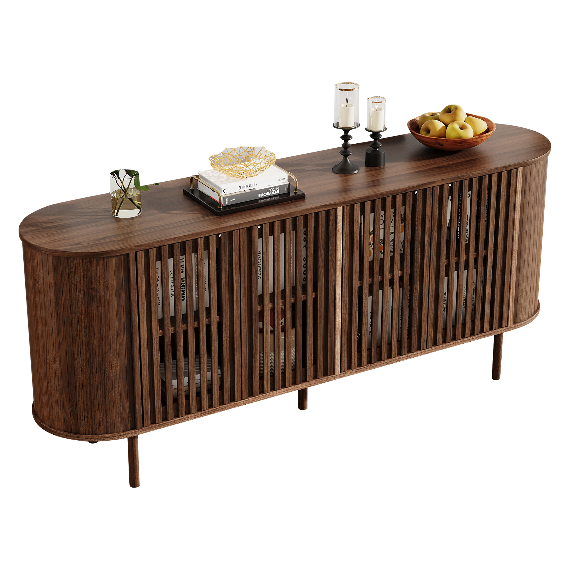 Buffet bas 160 cm, meuble de rangement avec 4 portes, étagères réglables, MDF et métal, Effet noyer