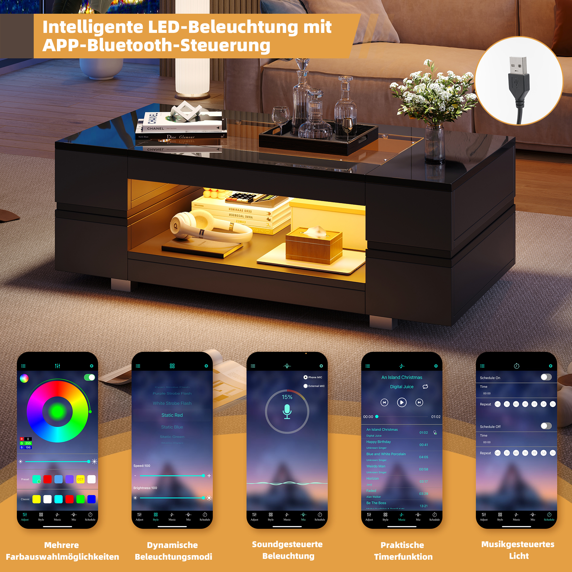 Table basse noire LED creuse - vue 8