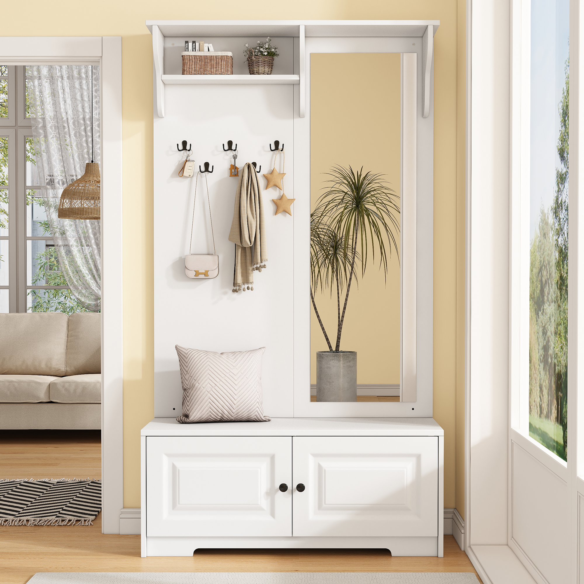 100*40*180cm Garderoben mit Spiegel,5 Kleiderhaken