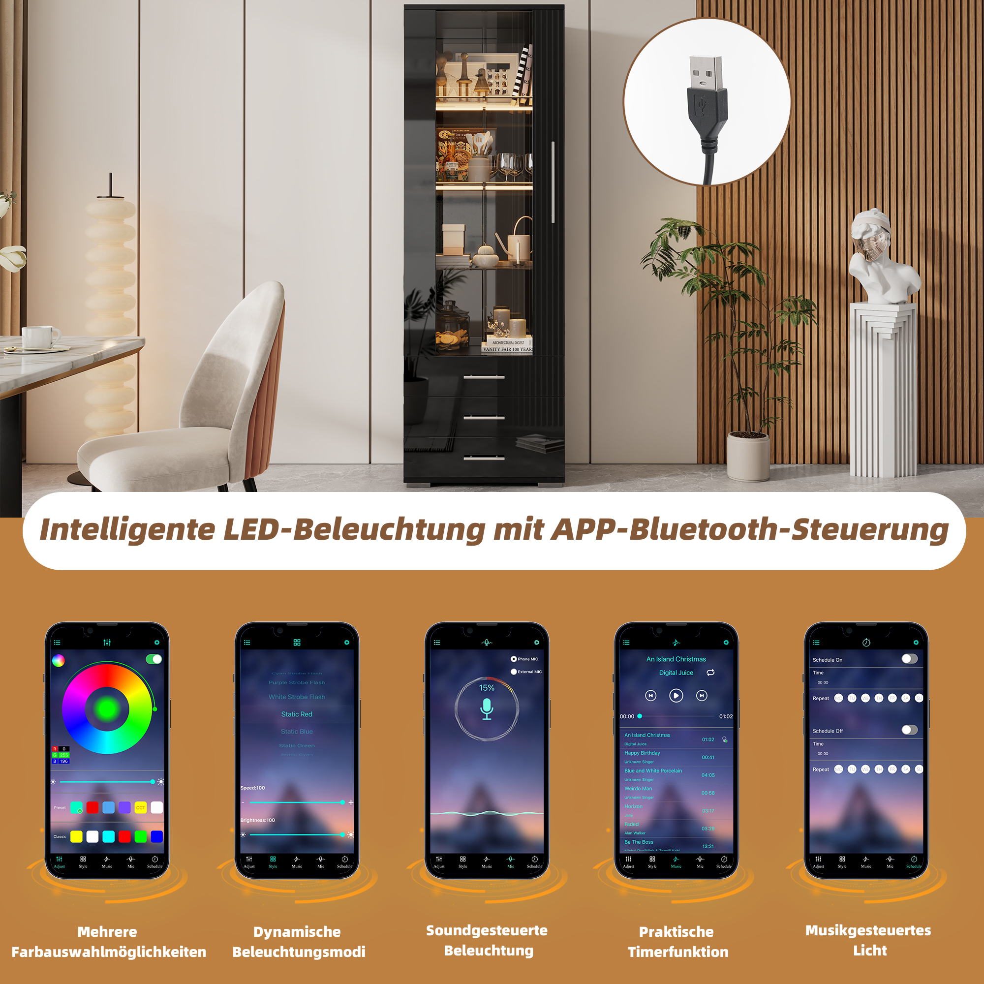 Vitrine noire MDF LED 180 cm - vue 6