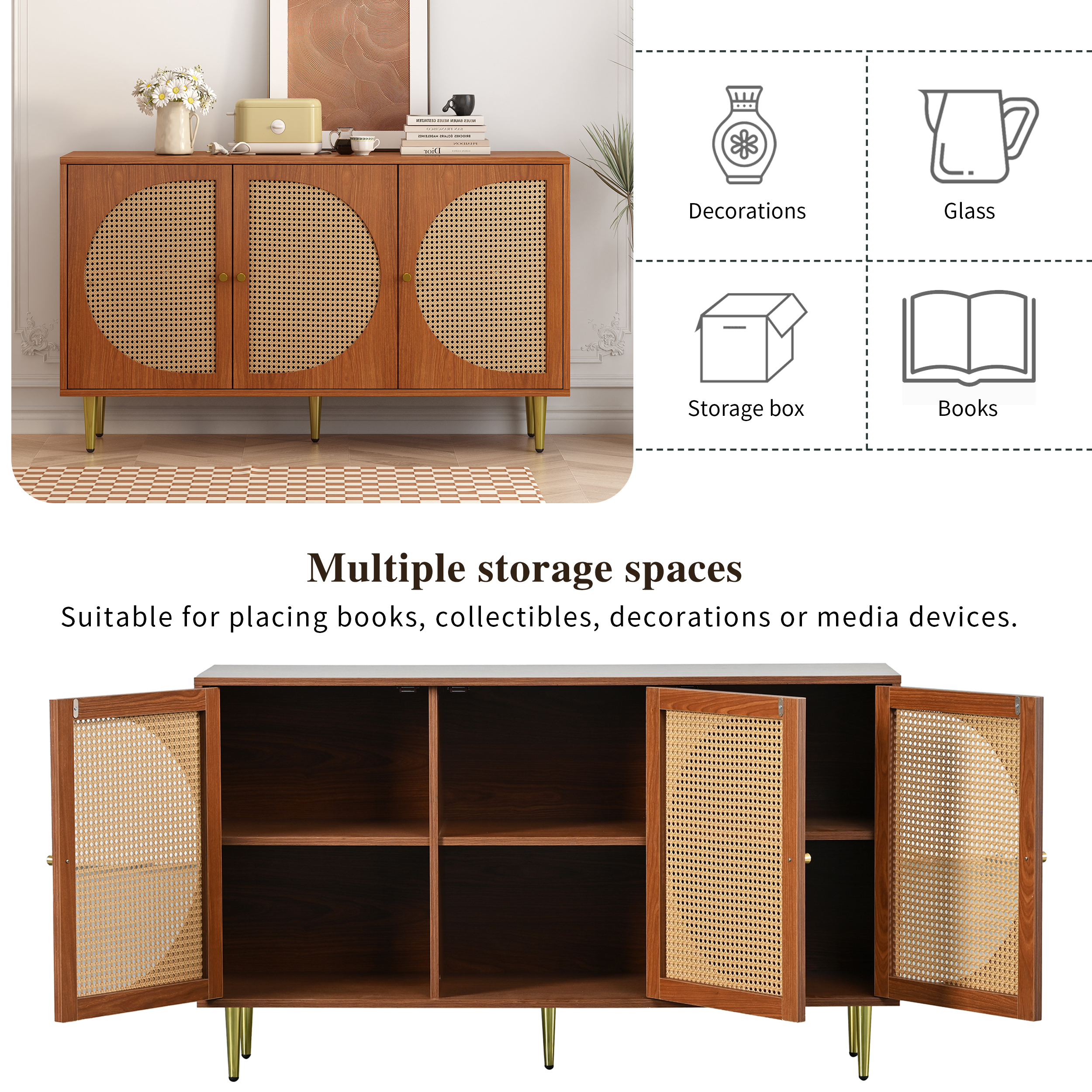 Buffet noyer 3 portes rotin - vue 7