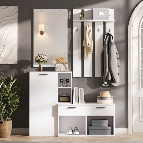Vestiaire d’entrée blanc avec miroir penderie banc et rangements