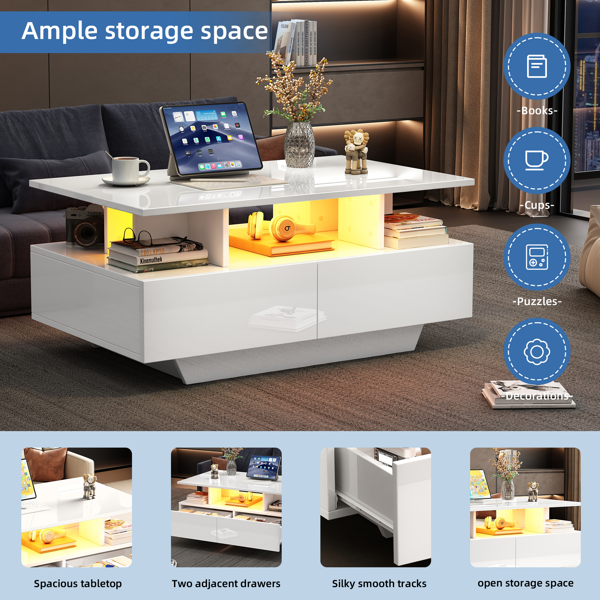 Table basse blanche 90 cm LED - vue 7