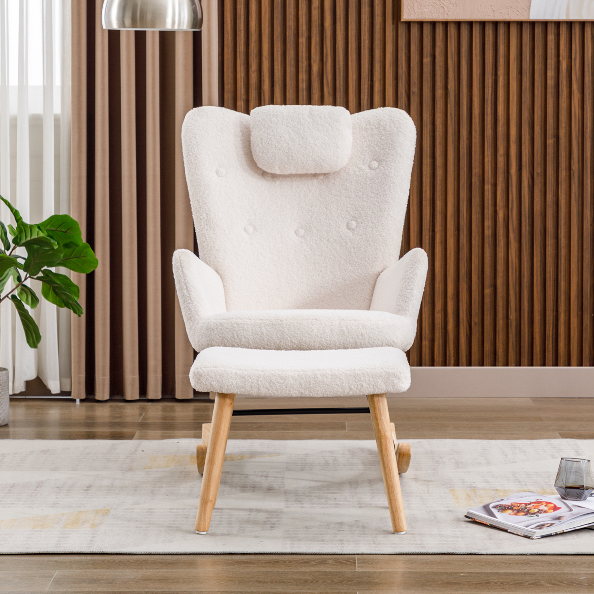 Fauteuil à bascule blanc bouclé coussin cou repose-pieds - vue 4