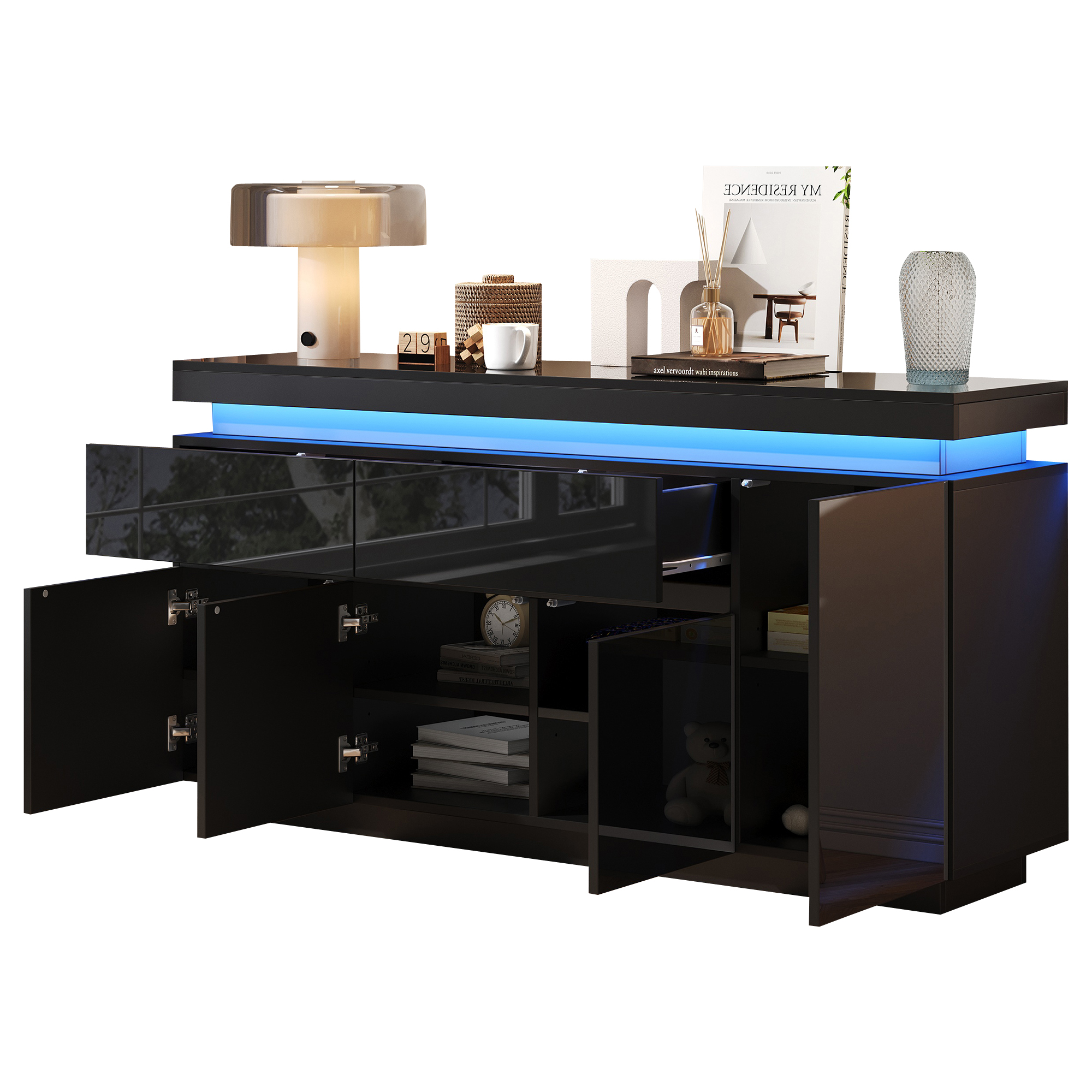 Buffet 140 x 35 x 72,5 cm, 4 portes, 2 tiroirs, LED, étagères réglables, panneaux de particules, Noir - vue complémentaire