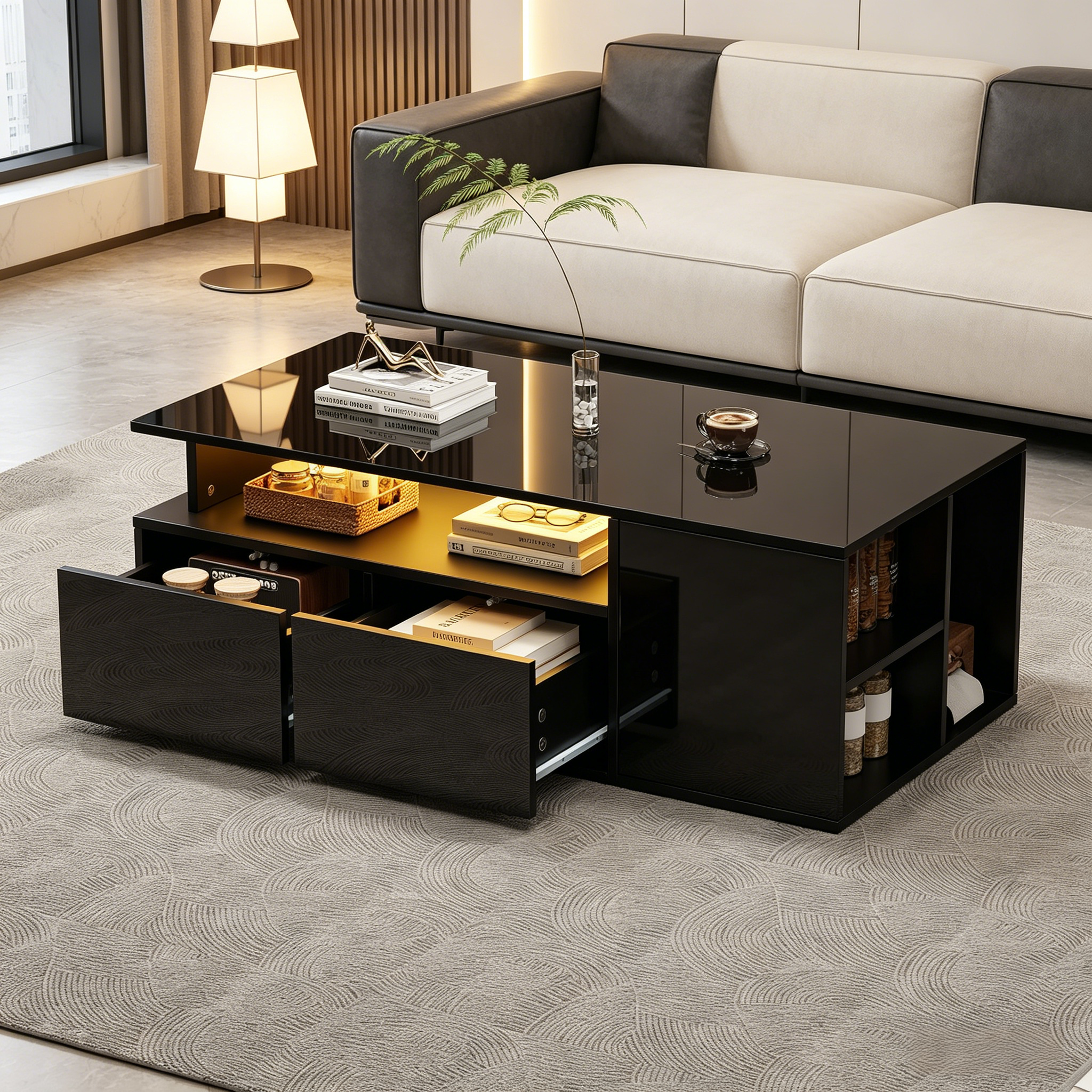 100*50*35cm Teetisch mit LED, Wohnzimmer Couchtisc