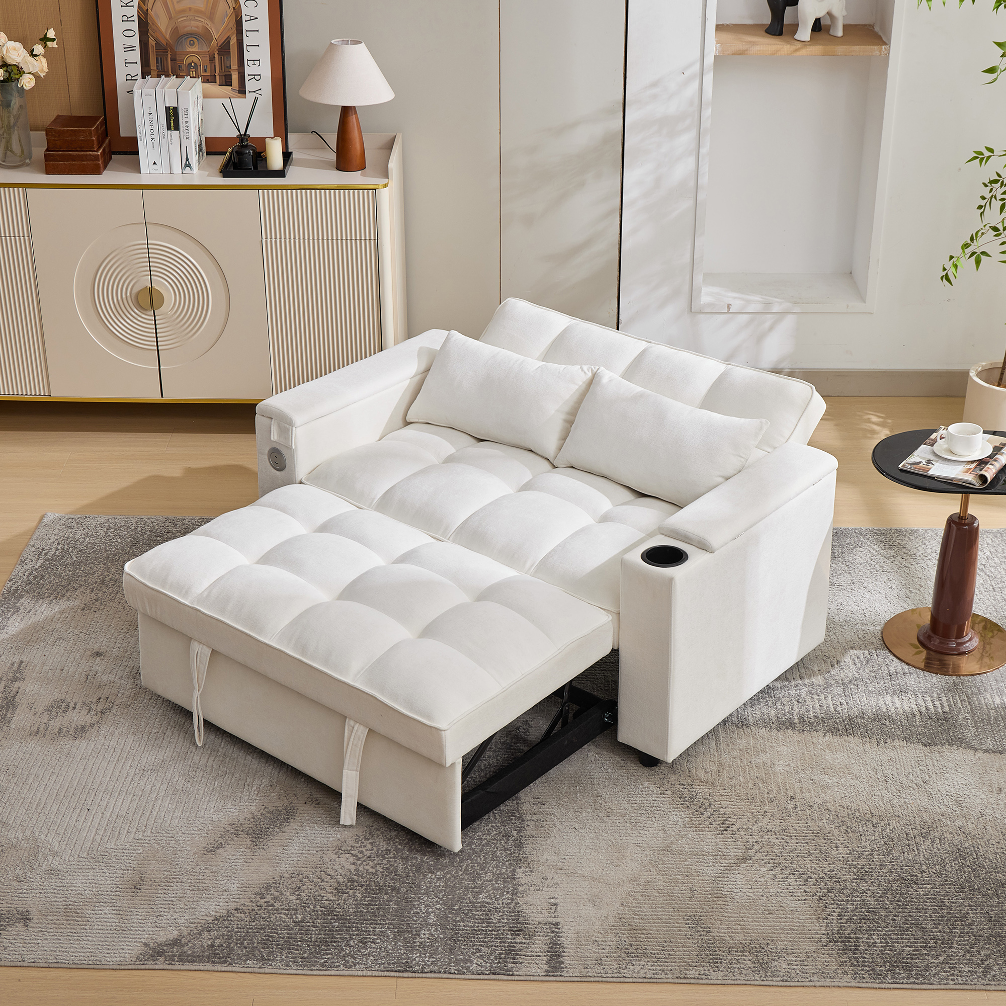 Canapé-lit 3-en-1 escamotable 2 places beige avec USB - vue 4