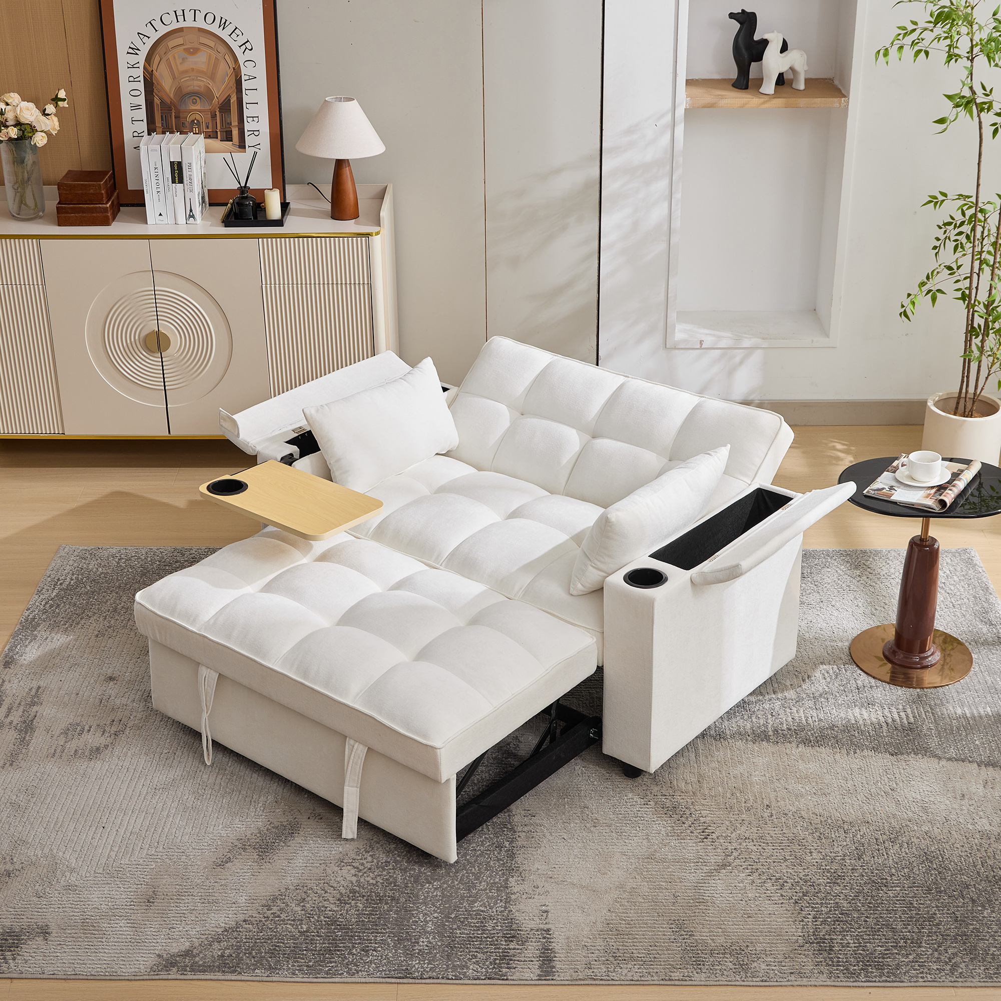 Canapé-lit 3-en-1 escamotable 2 places beige avec USB - vue 1