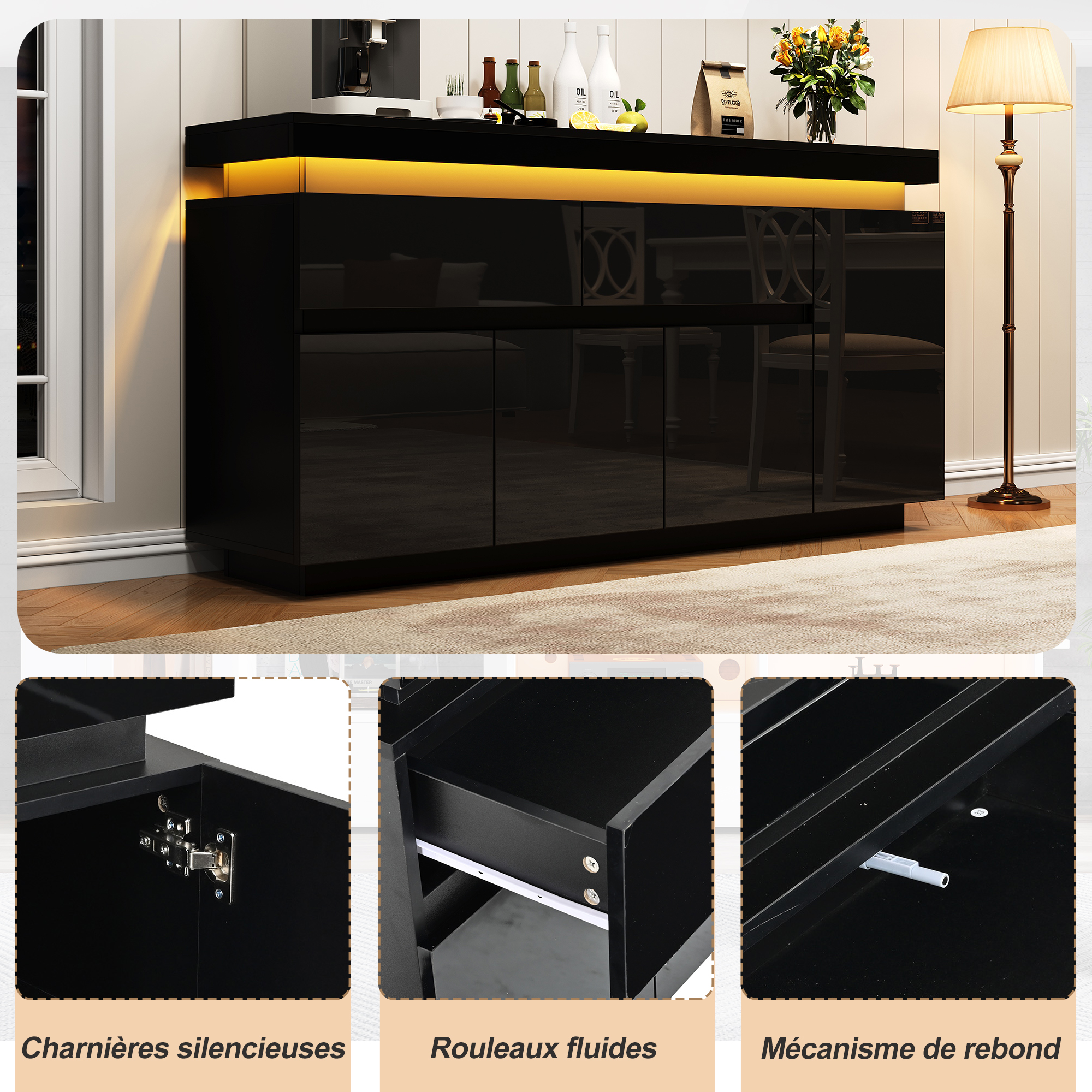 Buffet 140 x 35 x 72,5 cm, 4 portes, 2 tiroirs, LED, étagères réglables, panneaux de particules, Noir - dimensions et spécifications